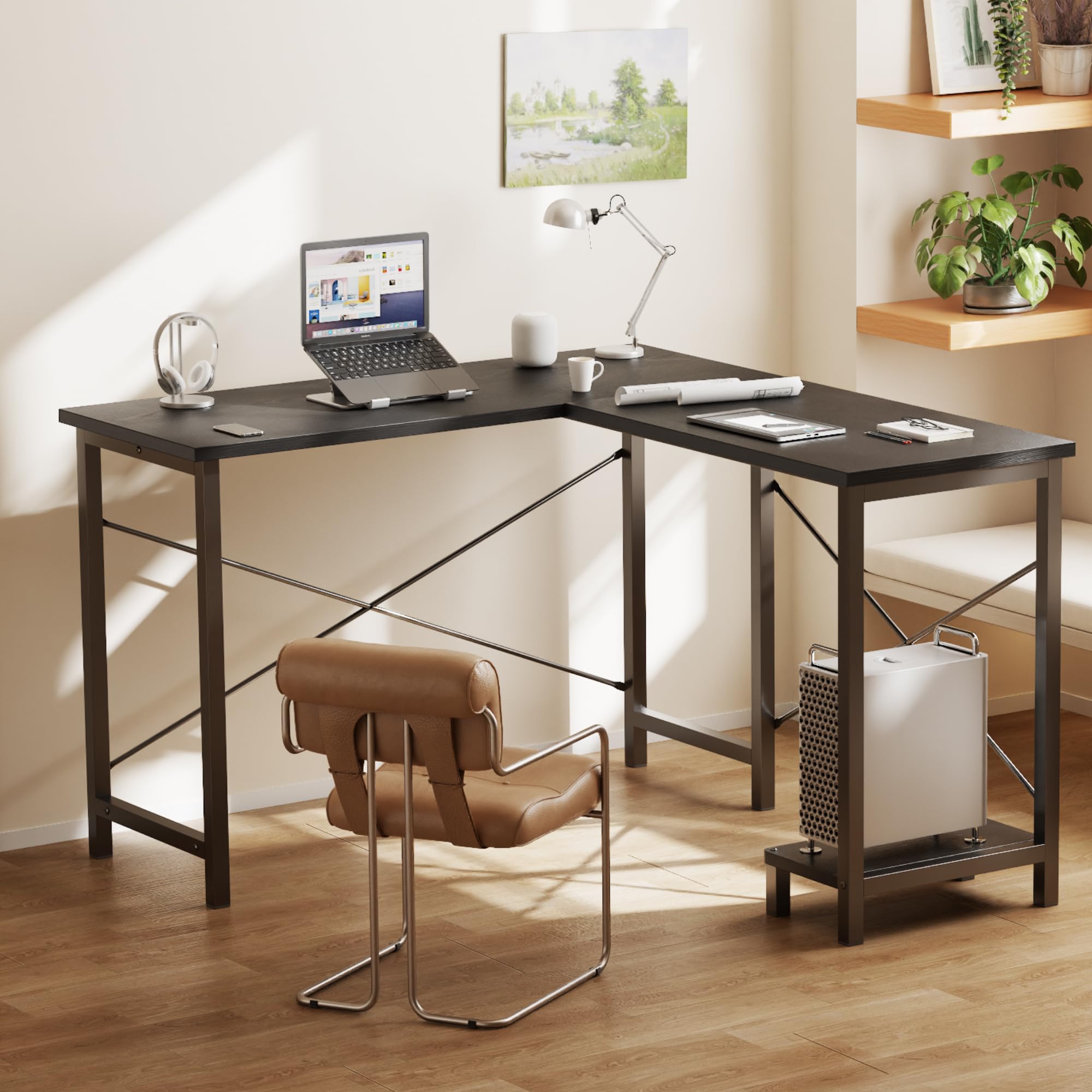 DUMOS L Shaped Desk, Computer Gaming Desks Corner Office Table with CPU Shelf for Home Study Writing Work Station 50 Inch
