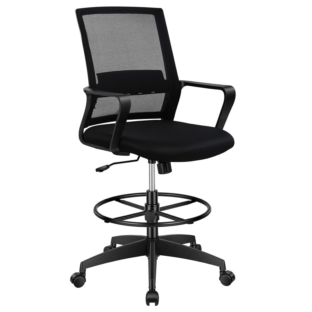 BestOffice Drafting Chair Tall Office Chair Adjustable Swivel Rolling Mesh Height with Lumbar Support Arms Footrest Mid Back for Adults Standing Desk Drafting Stool