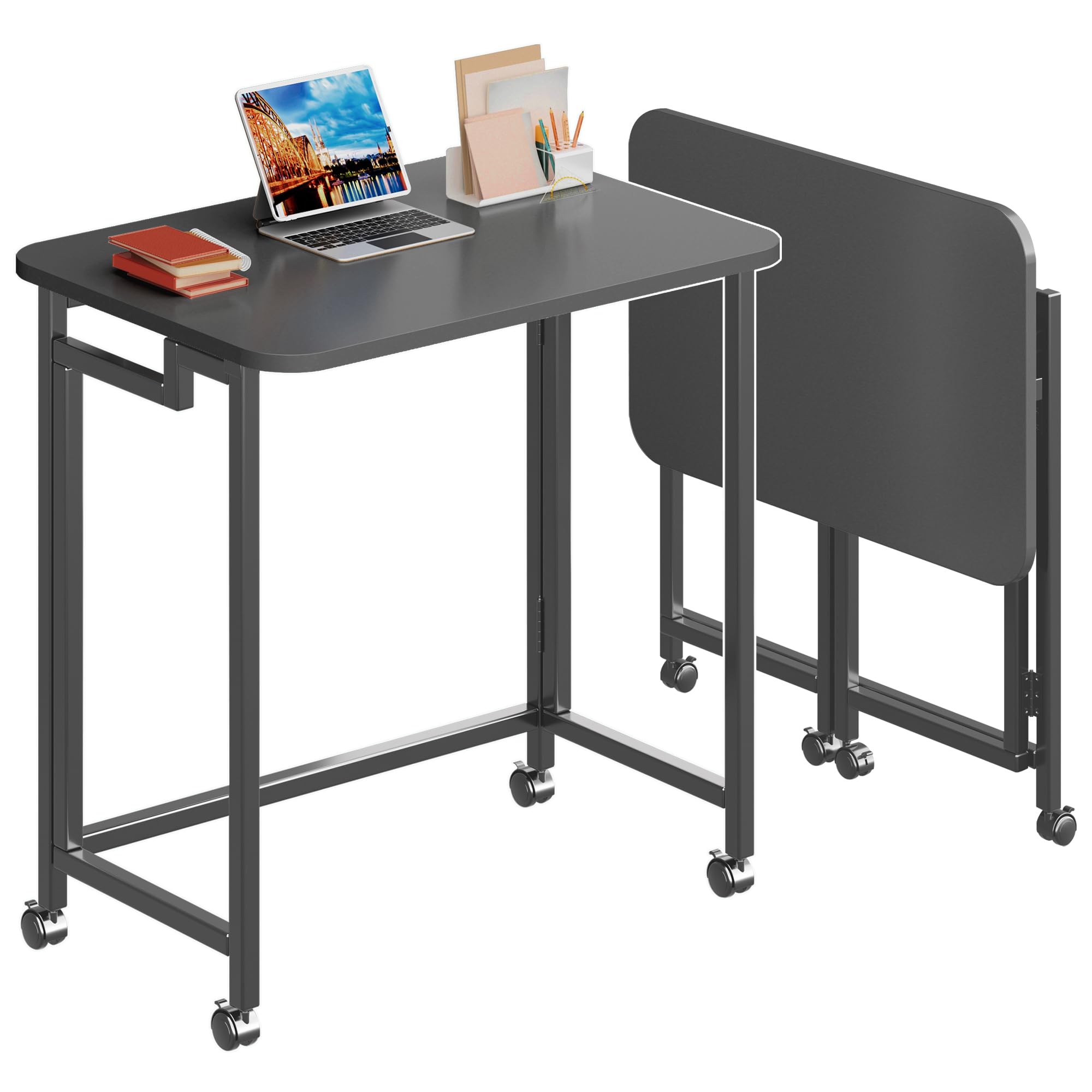 4NM Mobile Small Rolling Computer Desk, Folding Laptop Cart Table with Wheels, Portable Office Desk for Small Space Couch Bed