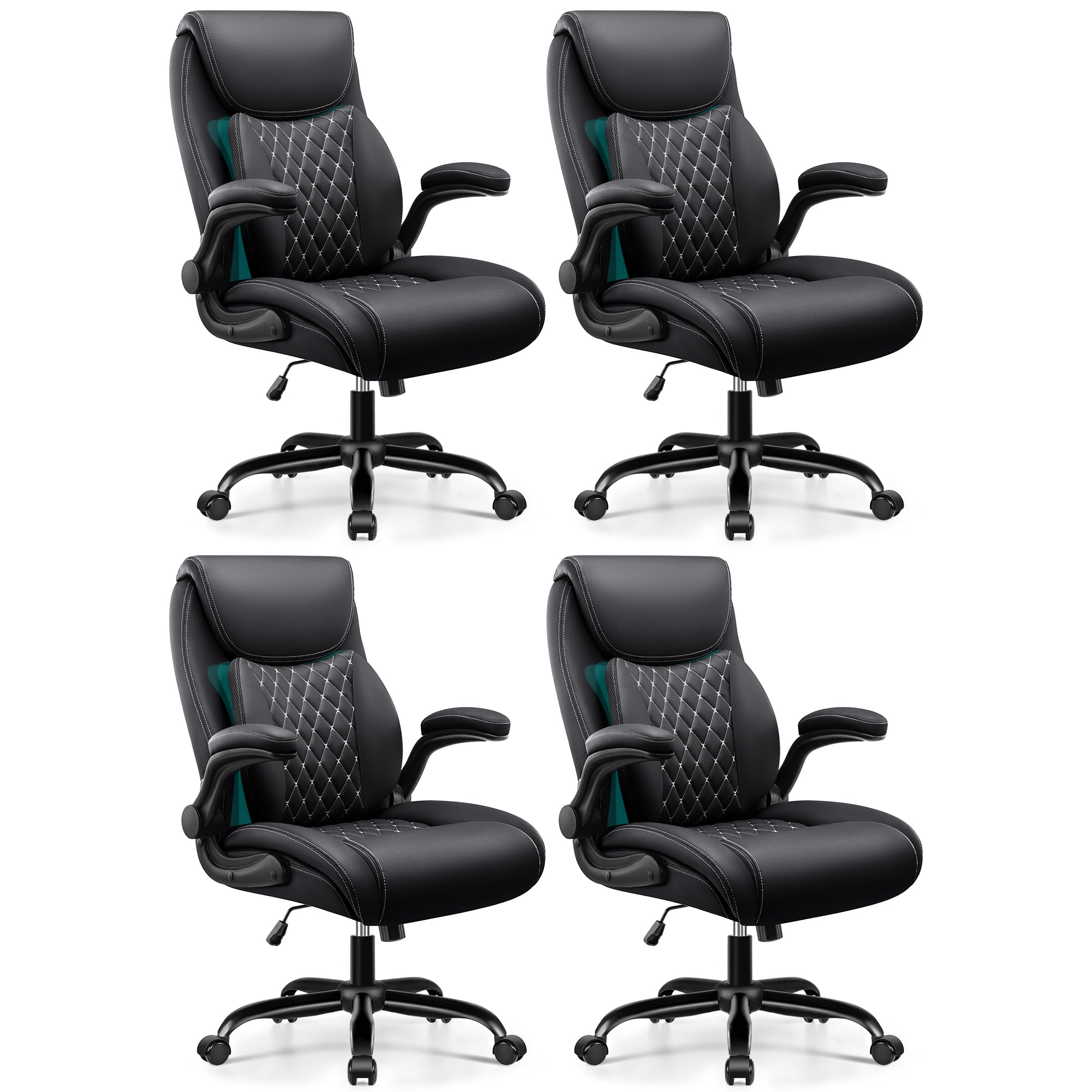 BESTFAIR Office Chair, Ergonomic Computer Desk Chairs with Lumbar Support for Lower Back Pain Relief, Executive Leather Home Chair Comfy with Padded Flip-up Armrests