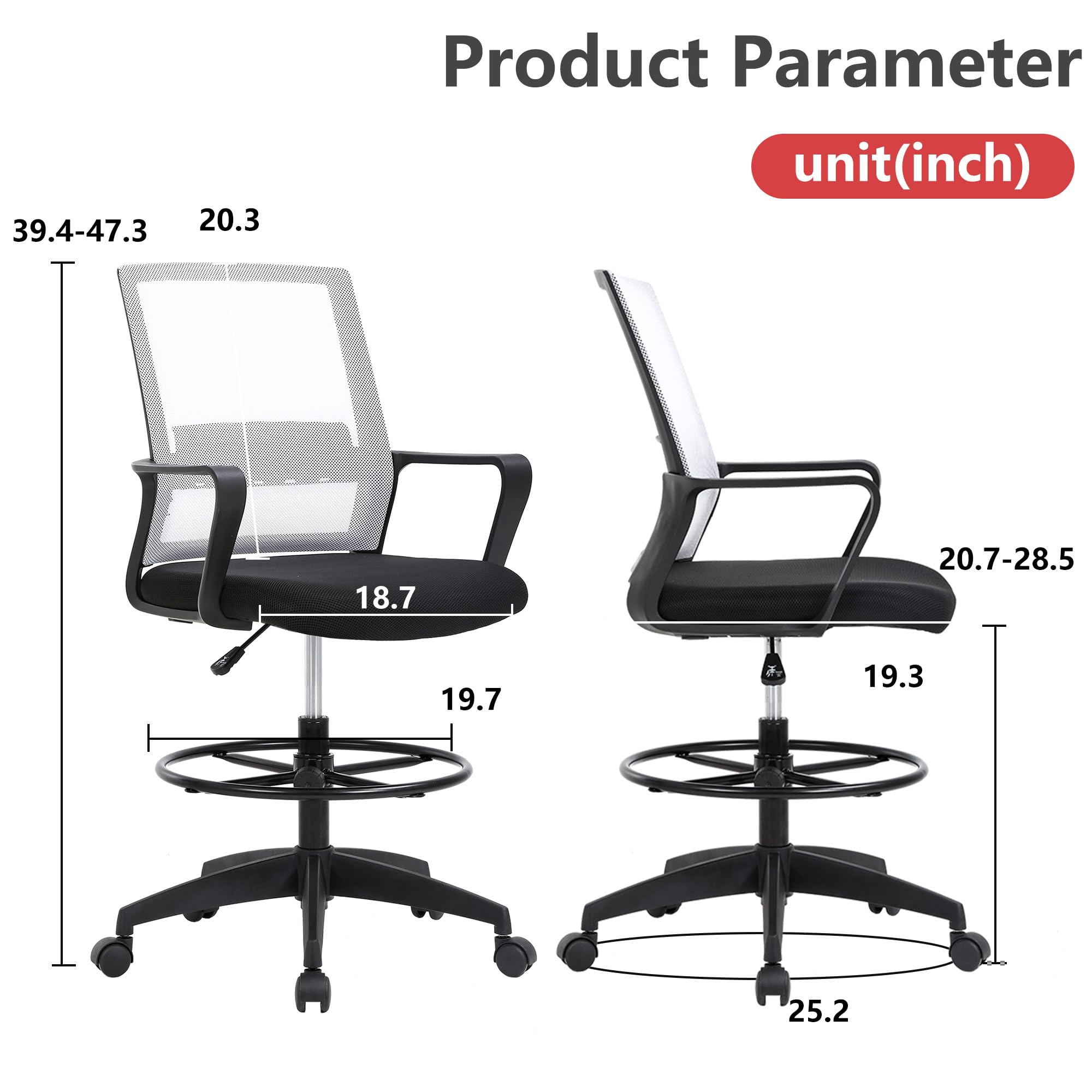 BestOffice Drafting Chair Tall Office Chair Adjustable Swivel Rolling Mesh Height with Lumbar Support Arms Footrest Mid Back for Adults Standing Desk Drafting Stool