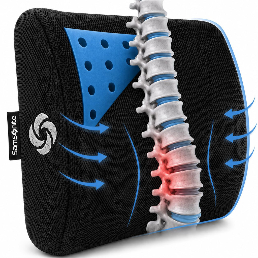 Samsonite Lumbar Support Pillow for Office Chair and Car Seat, Perfectly Balanced Memory Foam, Versatile Use Lower Back Cushion