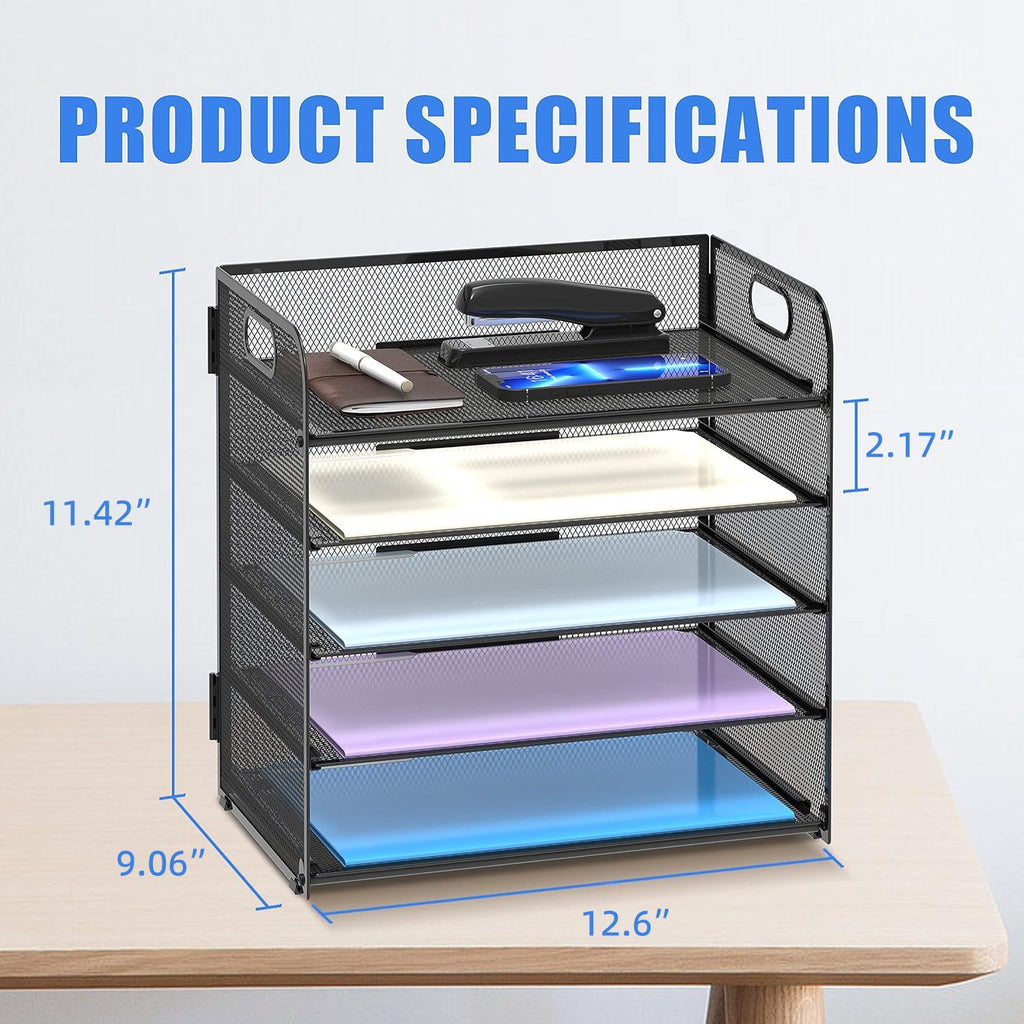 Supeasy 5 Trays Paper Organizer Letter Tray with Handle-Mesh Desk File Organizer,Black Paper Sorter Desk Organizer