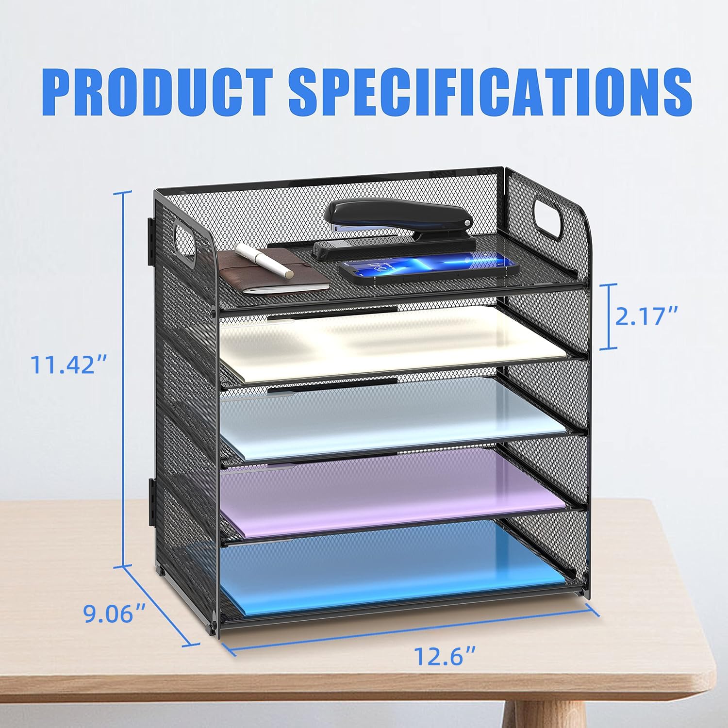 Supeasy 5 Trays Paper Organizer Letter Tray with Handle-Mesh Desk File Organizer,Black Paper Sorter Desk Organizer