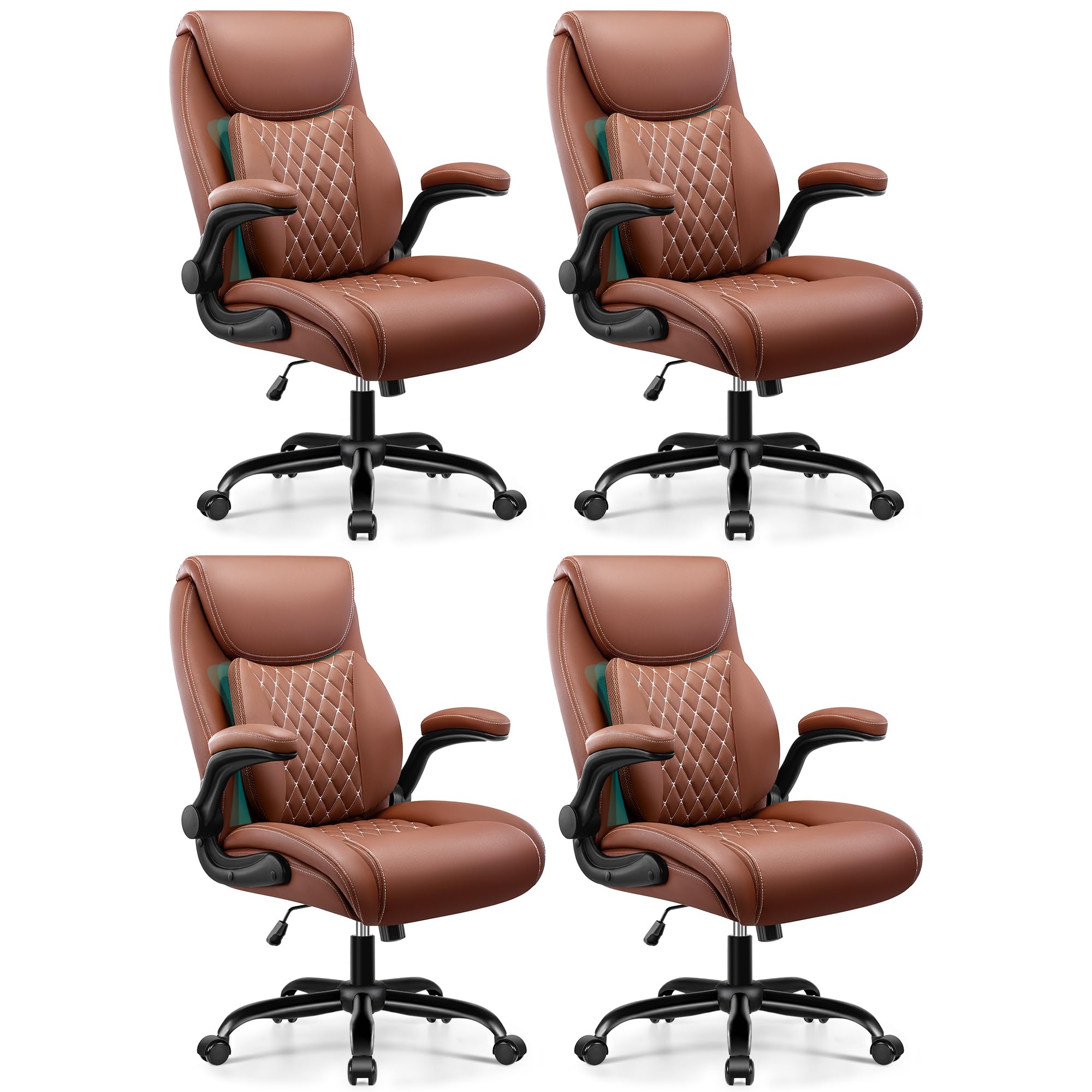BESTFAIR Office Chair, Ergonomic Computer Desk Chairs with Lumbar Support for Lower Back Pain Relief, Executive Leather Home Chair Comfy with Padded Flip-up Armrests