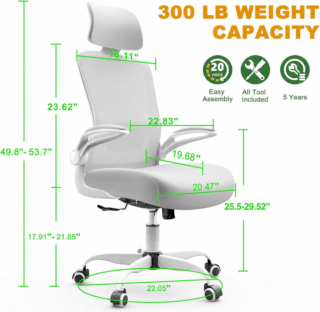 Mimoglad Office Chair, High Back Ergonomic Desk Chair with Adjustable Lumbar Support and Headrest, with flip-up Armrests for Guitar Playing, 5 Years Warranty
