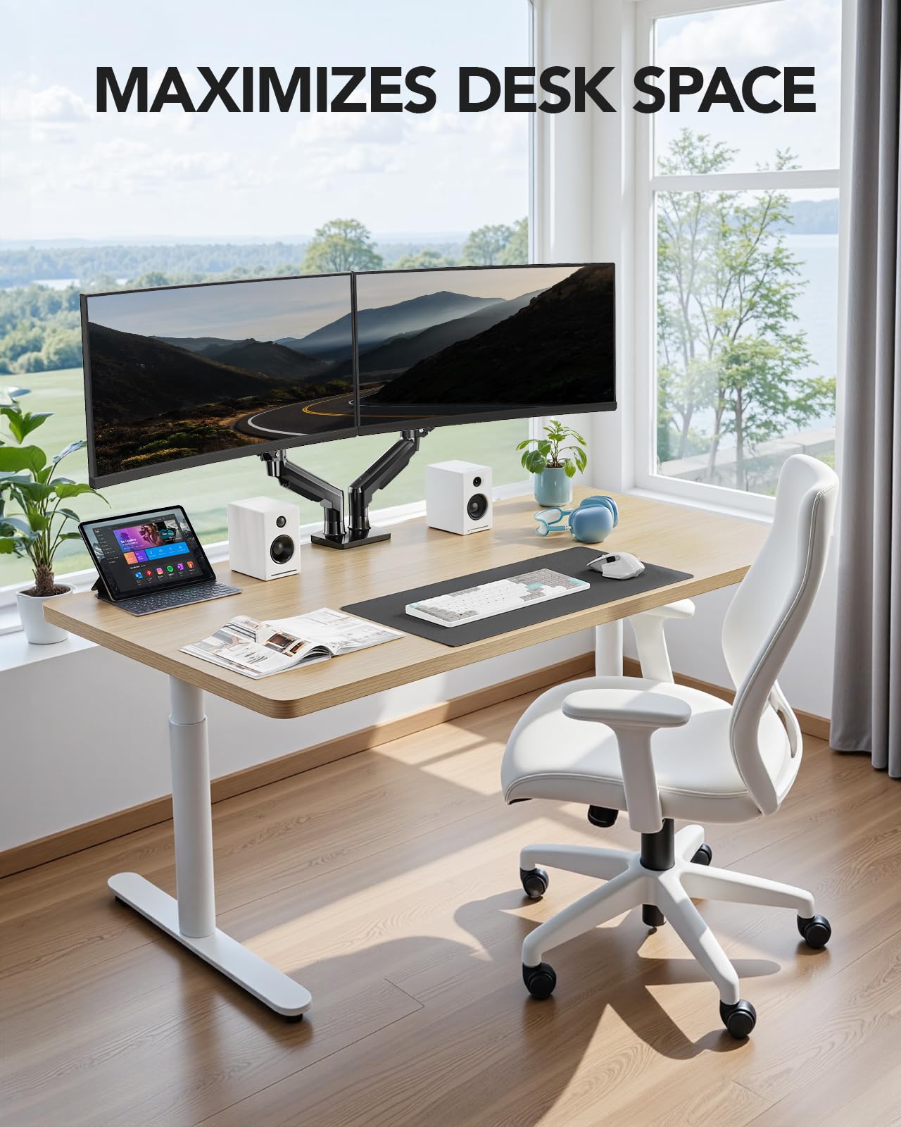 HUANUO Dual Monitor Stand - Full Adjustable Monitor Desk Mount Swivel Vesa Bracket with C Clamp, Grommet Mounting Base for 13 to 32 Inch Computer Screens - Each Arm Holds 4.4 to 19.8lbs