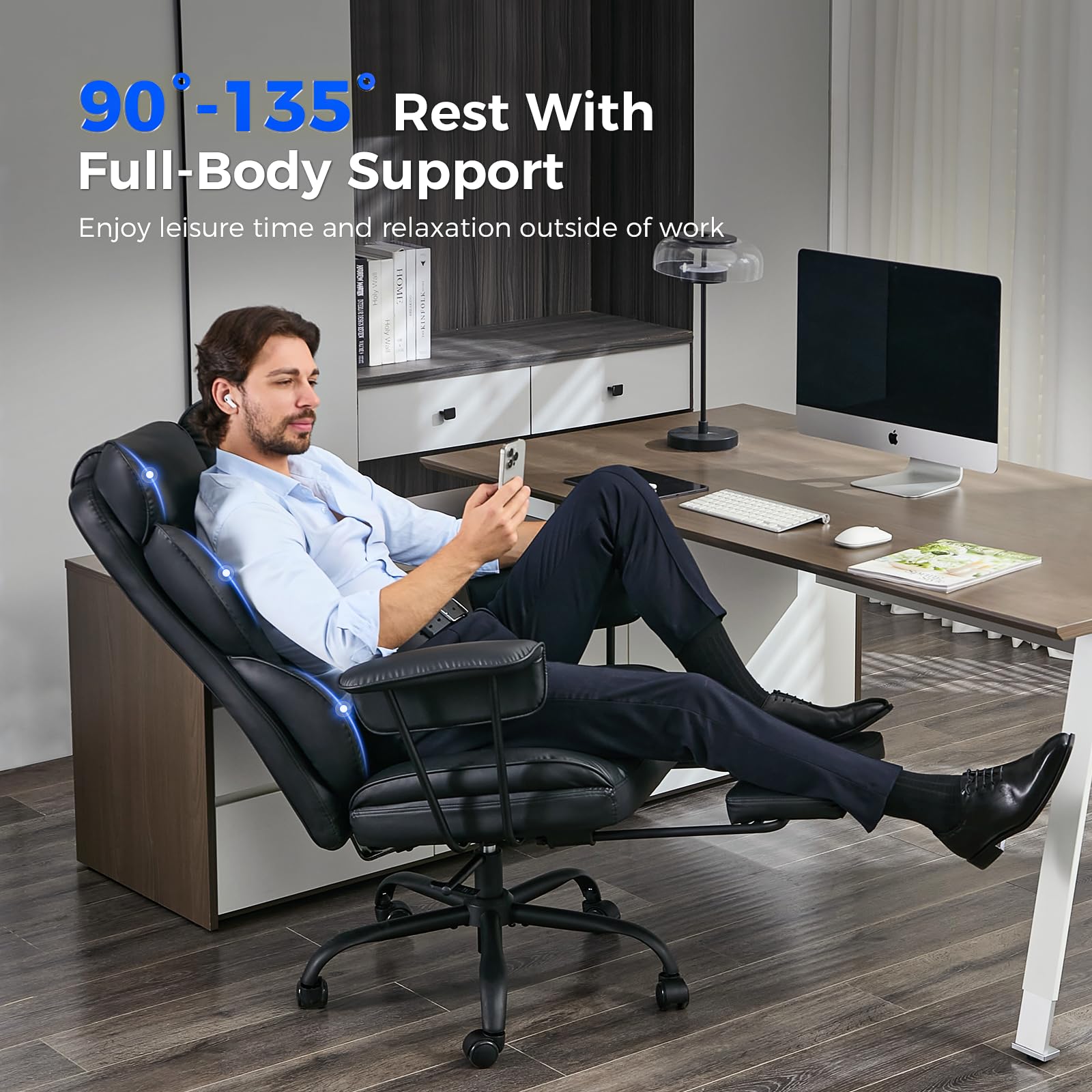 amseatec Office Chair, Big and Tall Office Chair Ergonomic Chair Home Office Desk Chairs Reclining High Back Leather Chair with Lumbar Support