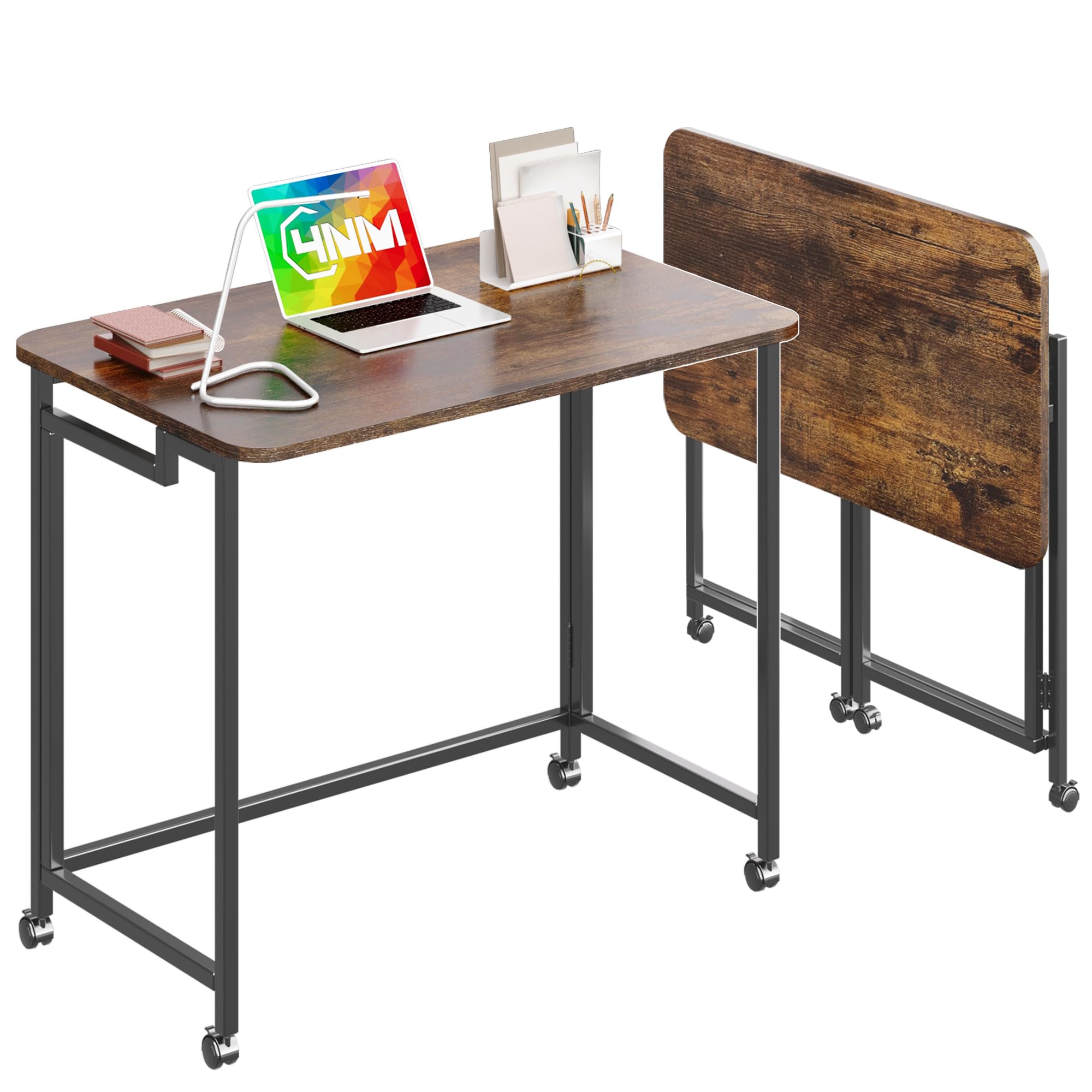 4NM Mobile Small Rolling Computer Desk, Folding Laptop Cart Table with Wheels, Portable Office Desk for Small Space Couch Bed