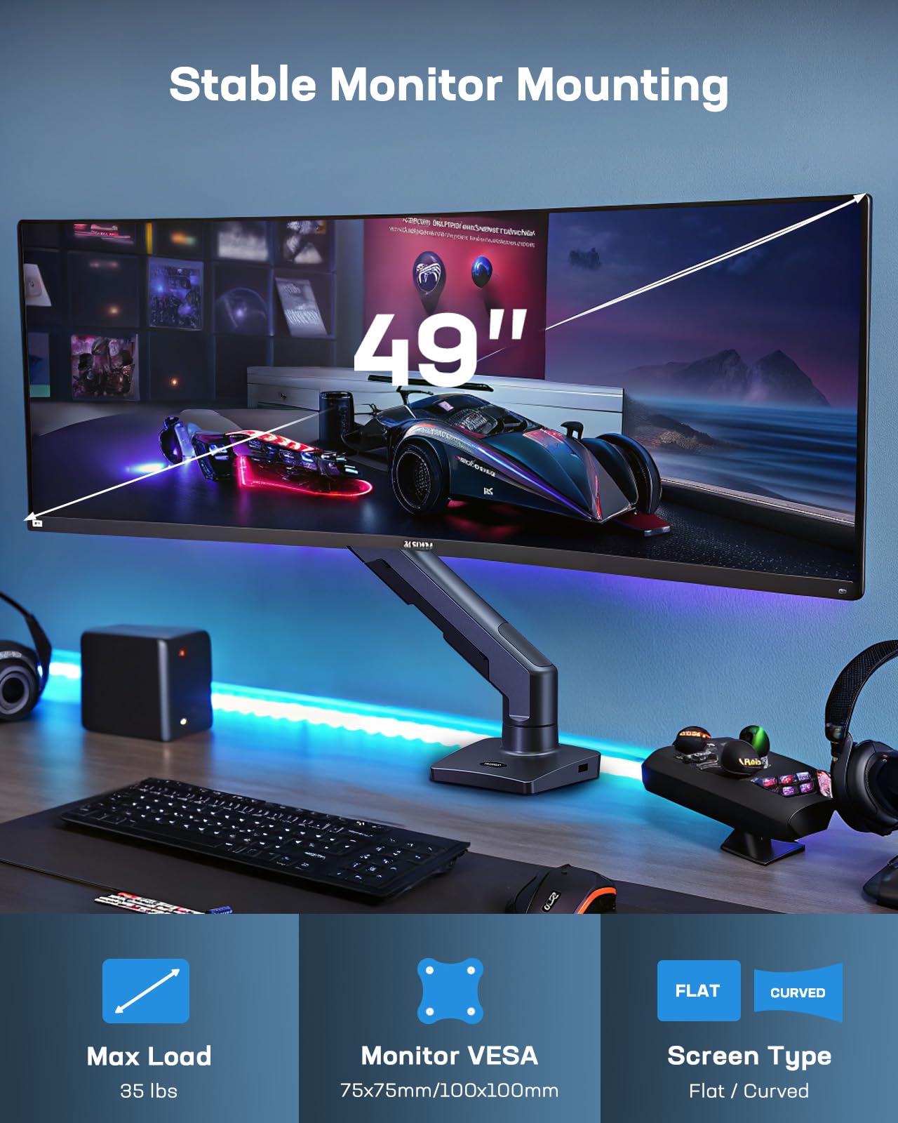 HUANUO Heavy Duty Monitor Arm up to 49 inch Screens up to 35 lbs, Aluminum Ultrawide Screen Monitor Mount, VESA 75mm or 100mm