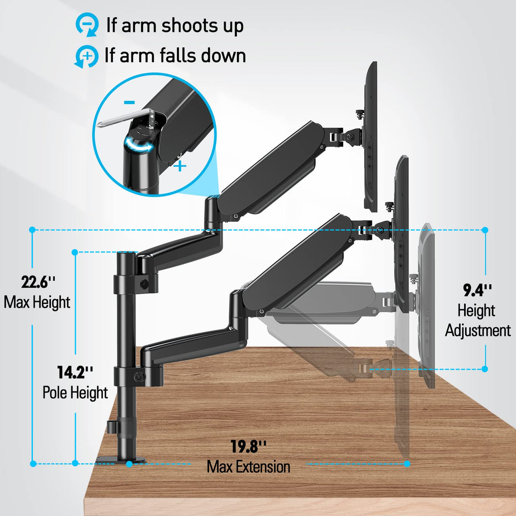 MOUNTUP Dual Monitor Desk Mount, Dual Monitor Stand for Desk Fits 17 to 32 Inch Screen, Gas Spring & Height Adjustable Computer Monitor Desk Mount for 2 Monitors, VESA Mount with Clamp/Grommet Base