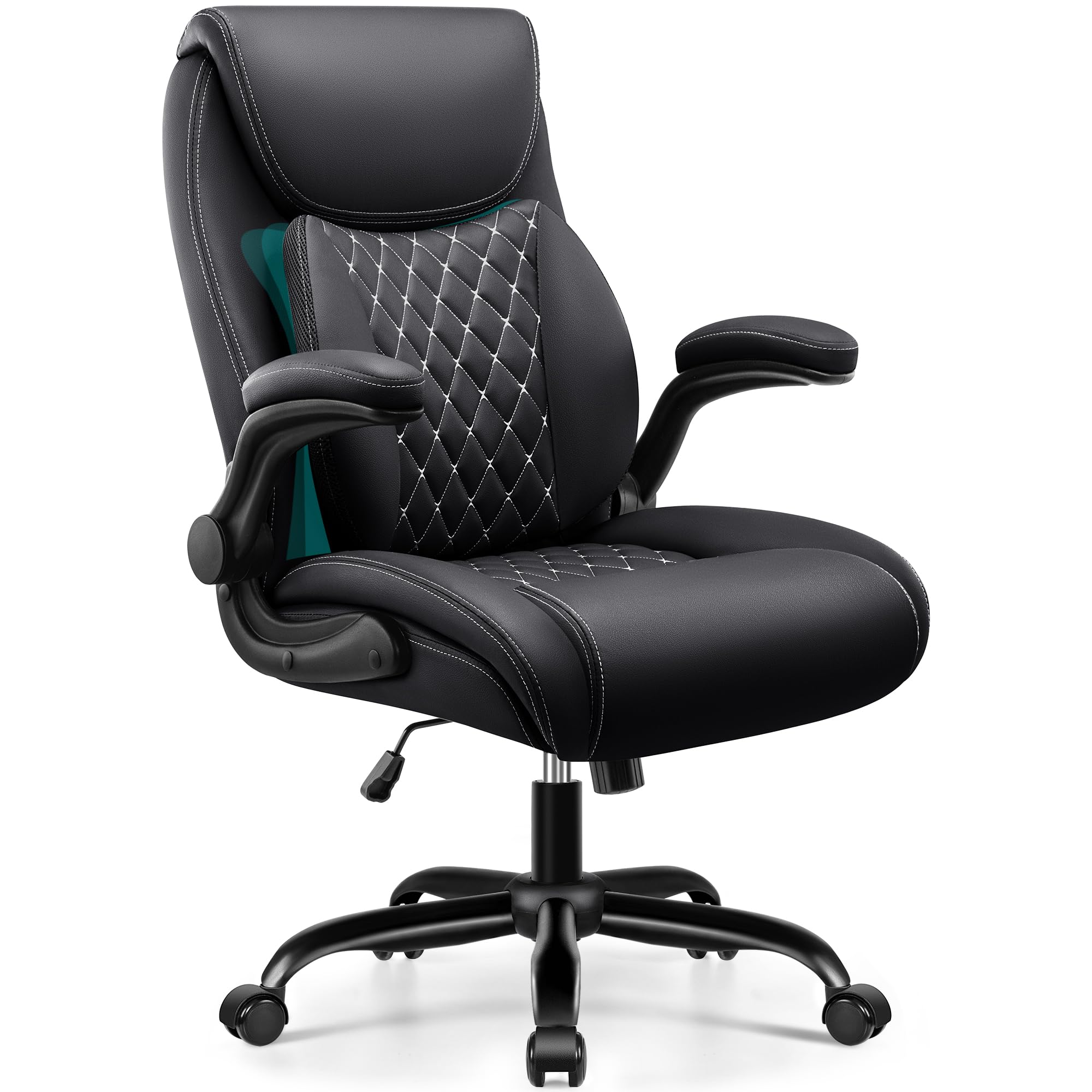 BESTFAIR Office Chair, Ergonomic Computer Desk Chairs with Lumbar Support for Lower Back Pain Relief, Executive Leather Home Chair Comfy with Padded Flip-up Armrests