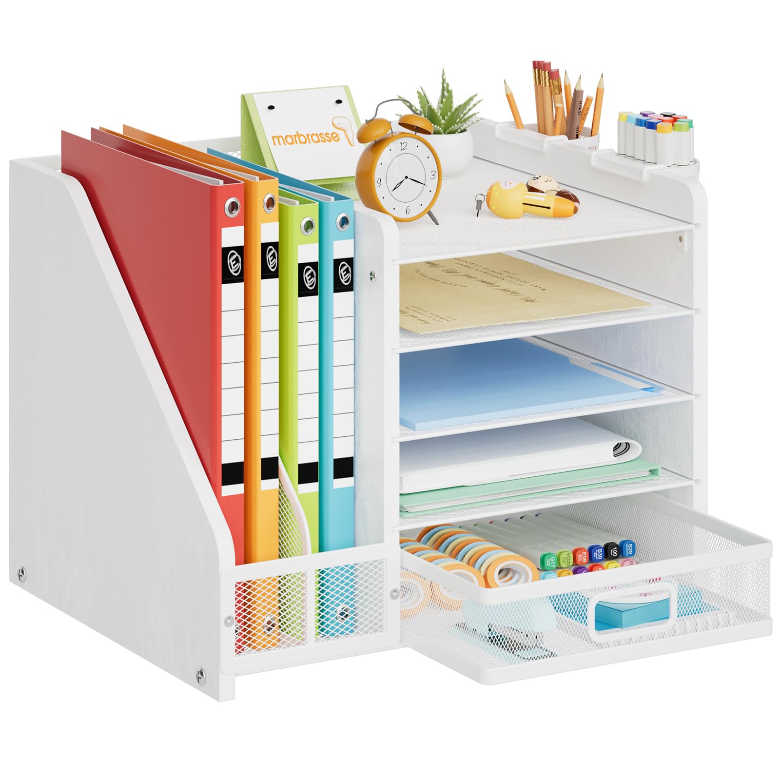 Marbrasse Desk Organizer with File Holder, 5-Tier Paper Letter Tray Organizer with Drawer and 2 Pen Holder, Mesh Desktop Organizer and Storage with Magazine Holder for Office Supplies