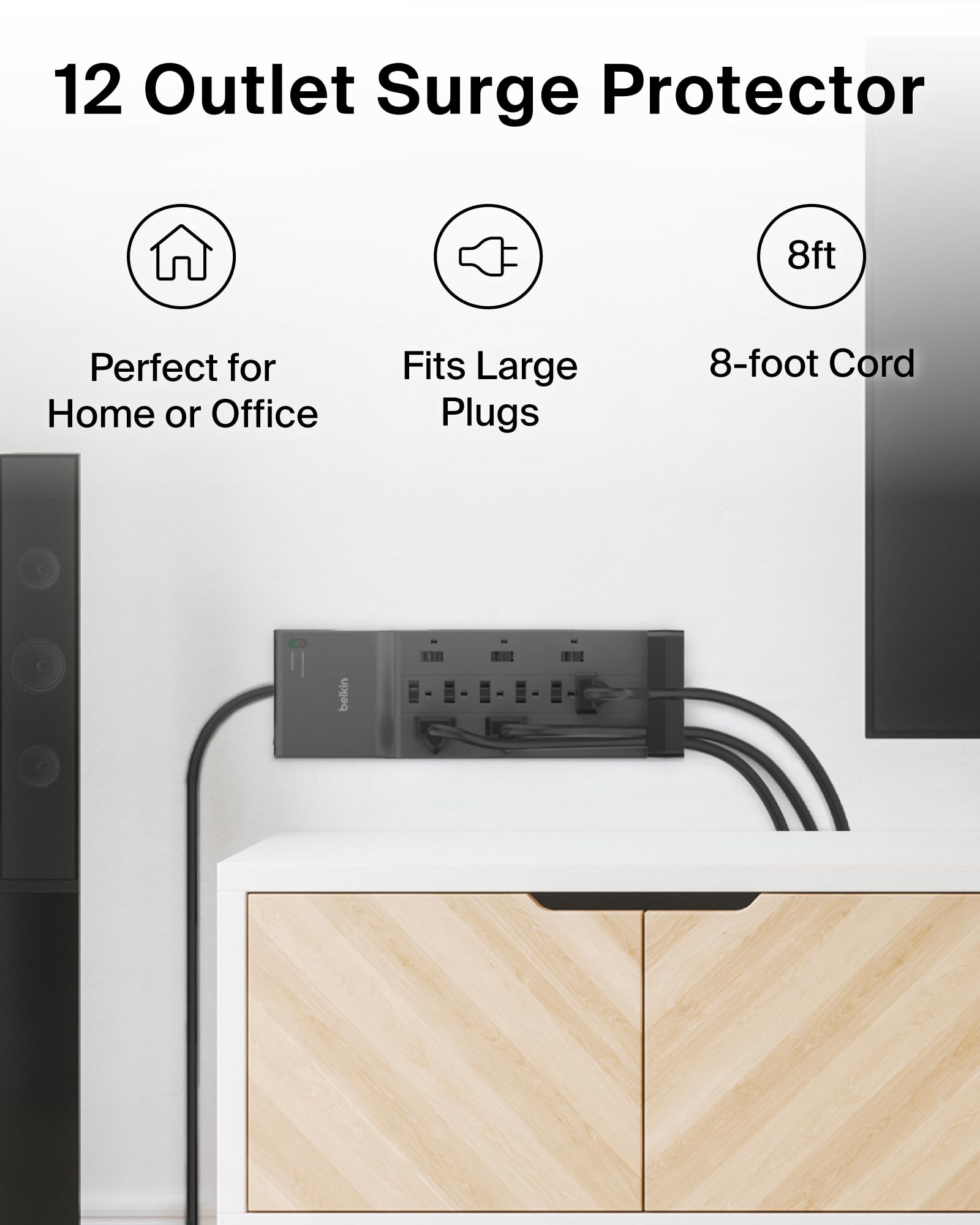 Belkin Surge Protector Power Strip w/ 12 AC Outlets & 8ft Long Flat Plug, UL-Listed Heavy-Duty Extension Cord for Home, Office, Travel, Computer, Laptop, Phone Charger - 3,940 Joules of Protection