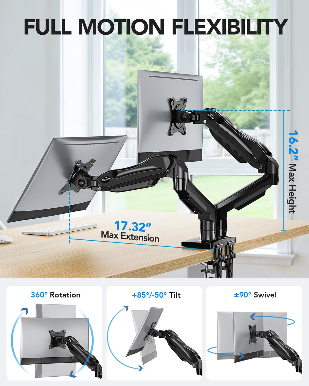 HUANUO Dual Monitor Stand - Full Adjustable Monitor Desk Mount Swivel Vesa Bracket with C Clamp, Grommet Mounting Base for 13 to 32 Inch Computer Screens - Each Arm Holds 4.4 to 19.8lbs