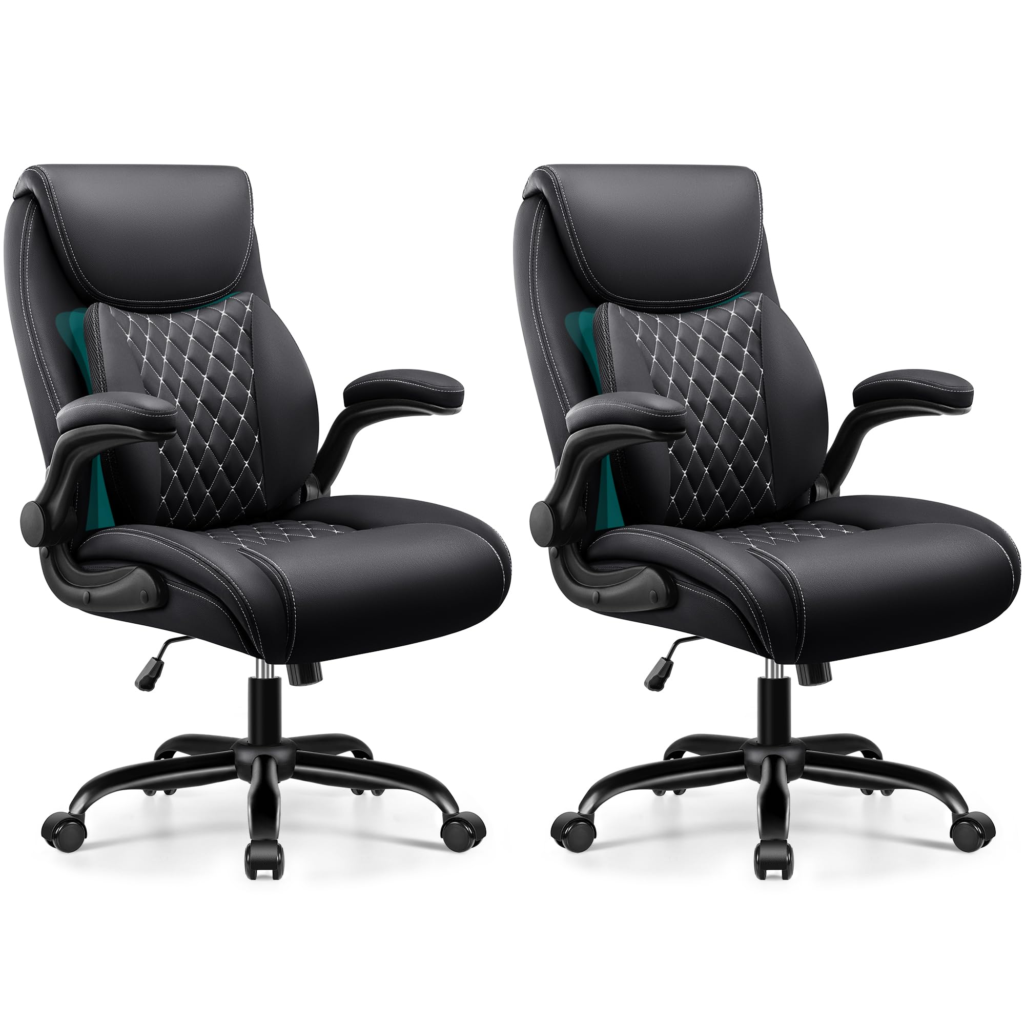 BESTFAIR Office Chair, Ergonomic Computer Desk Chairs with Lumbar Support for Lower Back Pain Relief, Executive Leather Home Chair Comfy with Padded Flip-up Armrests