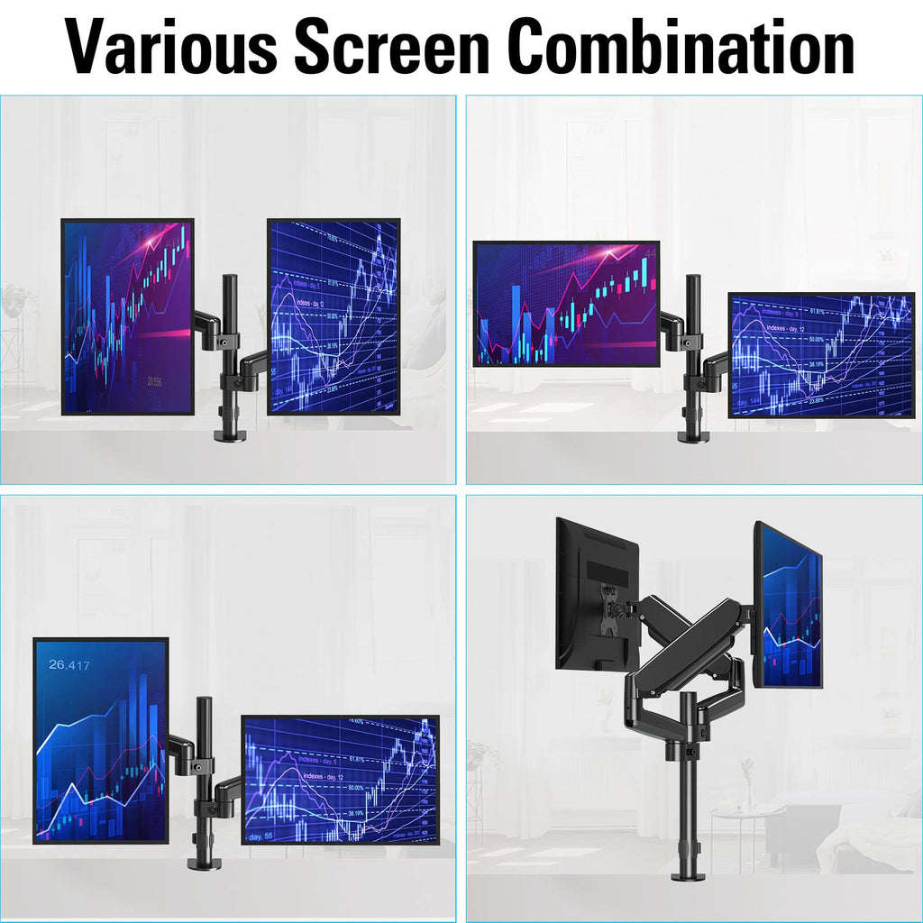 MOUNTUP Dual Monitor Desk Mount, Dual Monitor Stand for Desk Fits 17 to 32 Inch Screen, Gas Spring & Height Adjustable Computer Monitor Desk Mount for 2 Monitors, VESA Mount with Clamp/Grommet Base