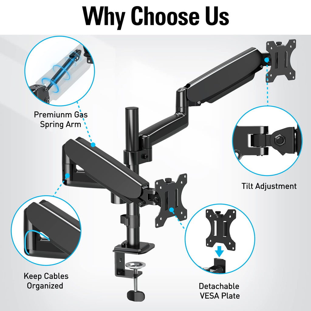 MOUNTUP Dual Monitor Desk Mount, Dual Monitor Stand for Desk Fits 17 to 32 Inch Screen, Gas Spring & Height Adjustable Computer Monitor Desk Mount for 2 Monitors, VESA Mount with Clamp/Grommet Base