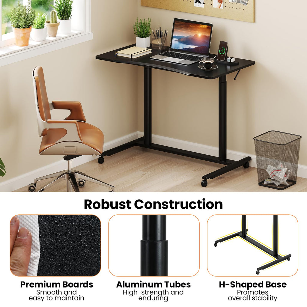 Tangkula Computer Desk Home Office Dorm Rolling Wooden Top Height Adjustable Sit-to-Stand Desk Portable Writing Study Table Notebook Laptop Desk