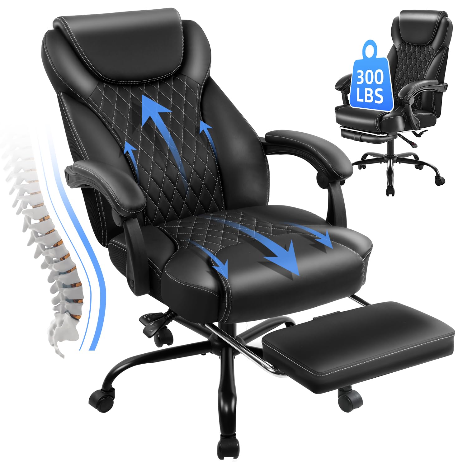 amseatec Office Chair, Big and Tall Office Chair Ergonomic Chair Home Office Desk Chairs Reclining High Back Leather Chair with Lumbar Support