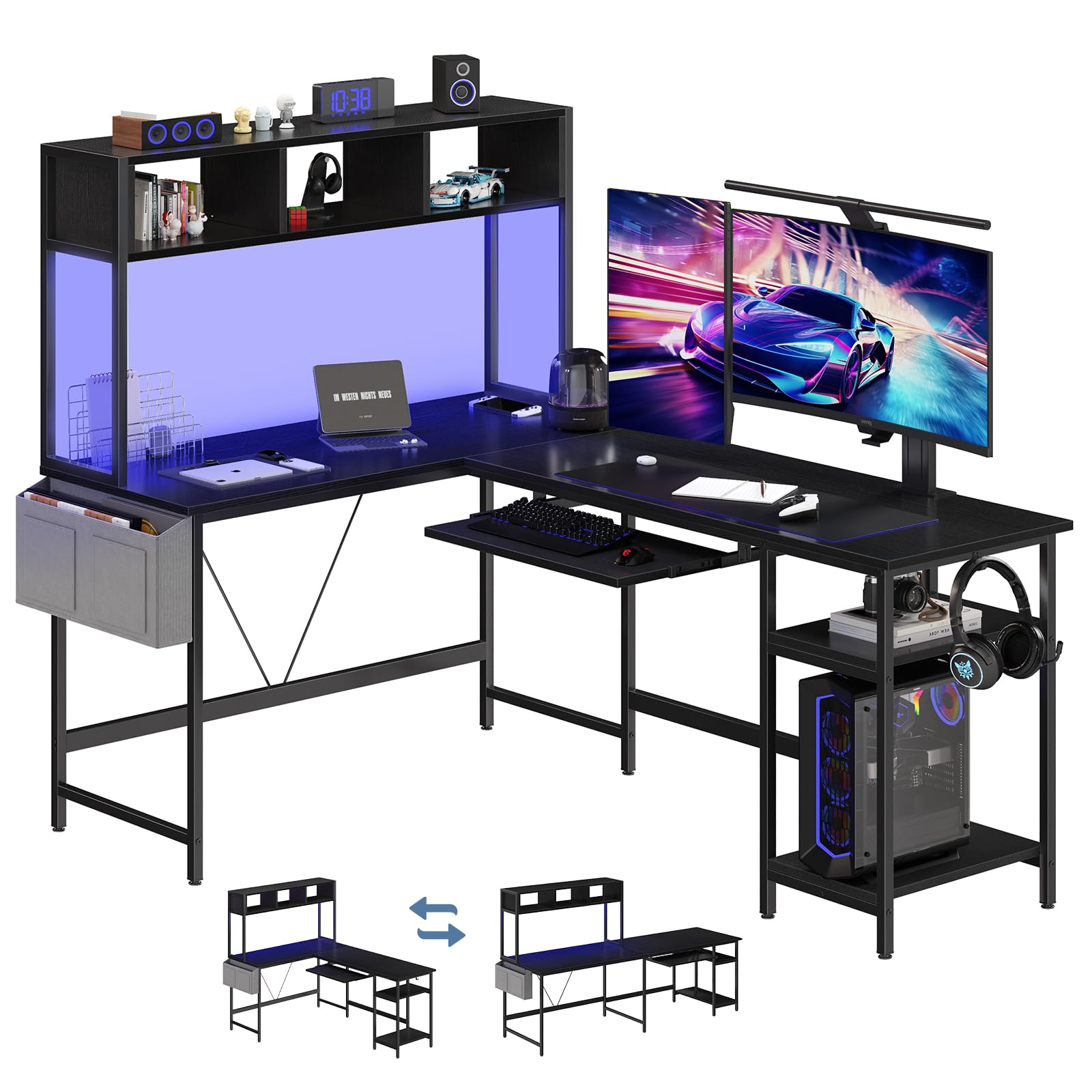 DUMOS L Shaped Desk, Computer Gaming Desks Corner Office Table with CPU Shelf for Home Study Writing Work Station 50 Inch