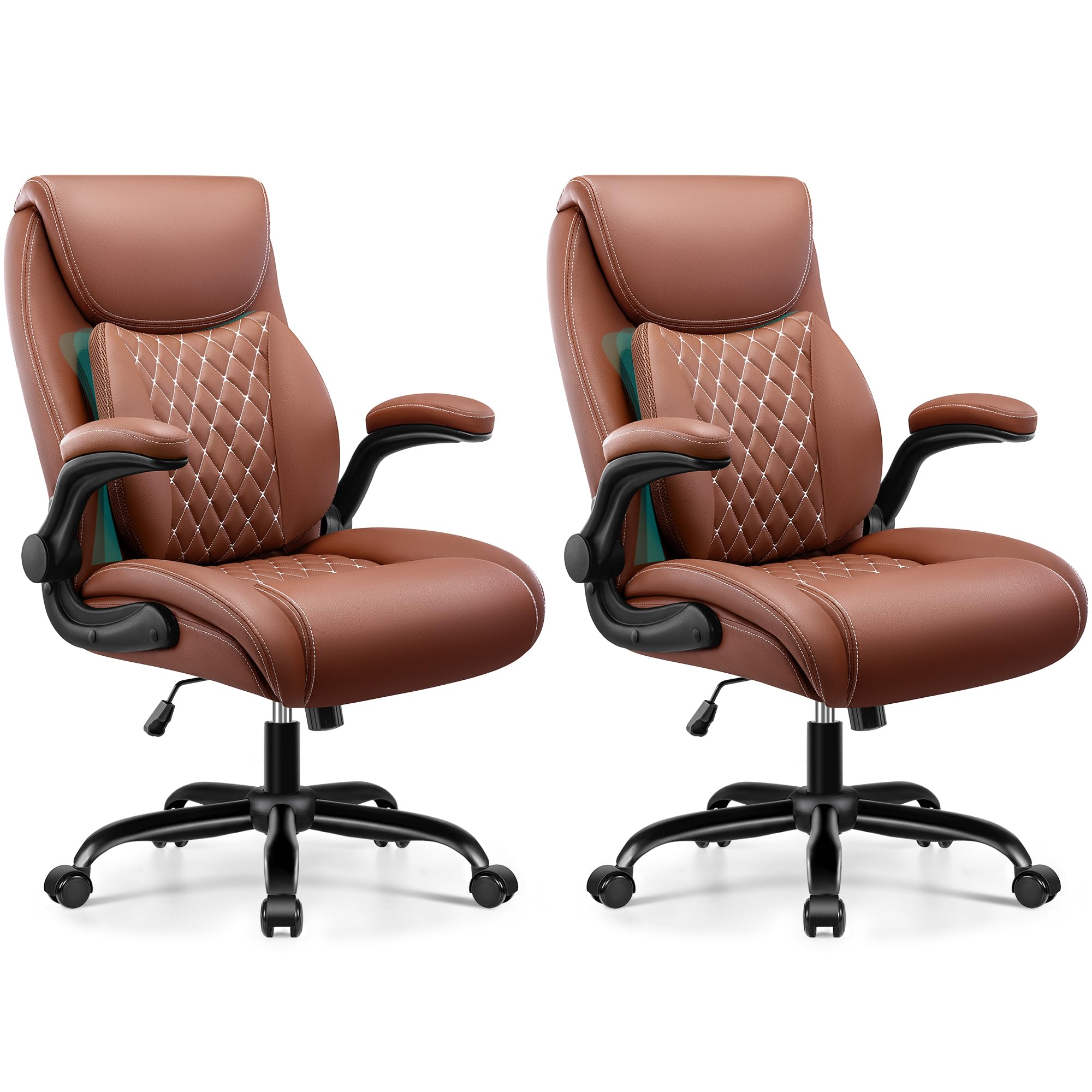 BESTFAIR Office Chair, Ergonomic Computer Desk Chairs with Lumbar Support for Lower Back Pain Relief, Executive Leather Home Chair Comfy with Padded Flip-up Armrests