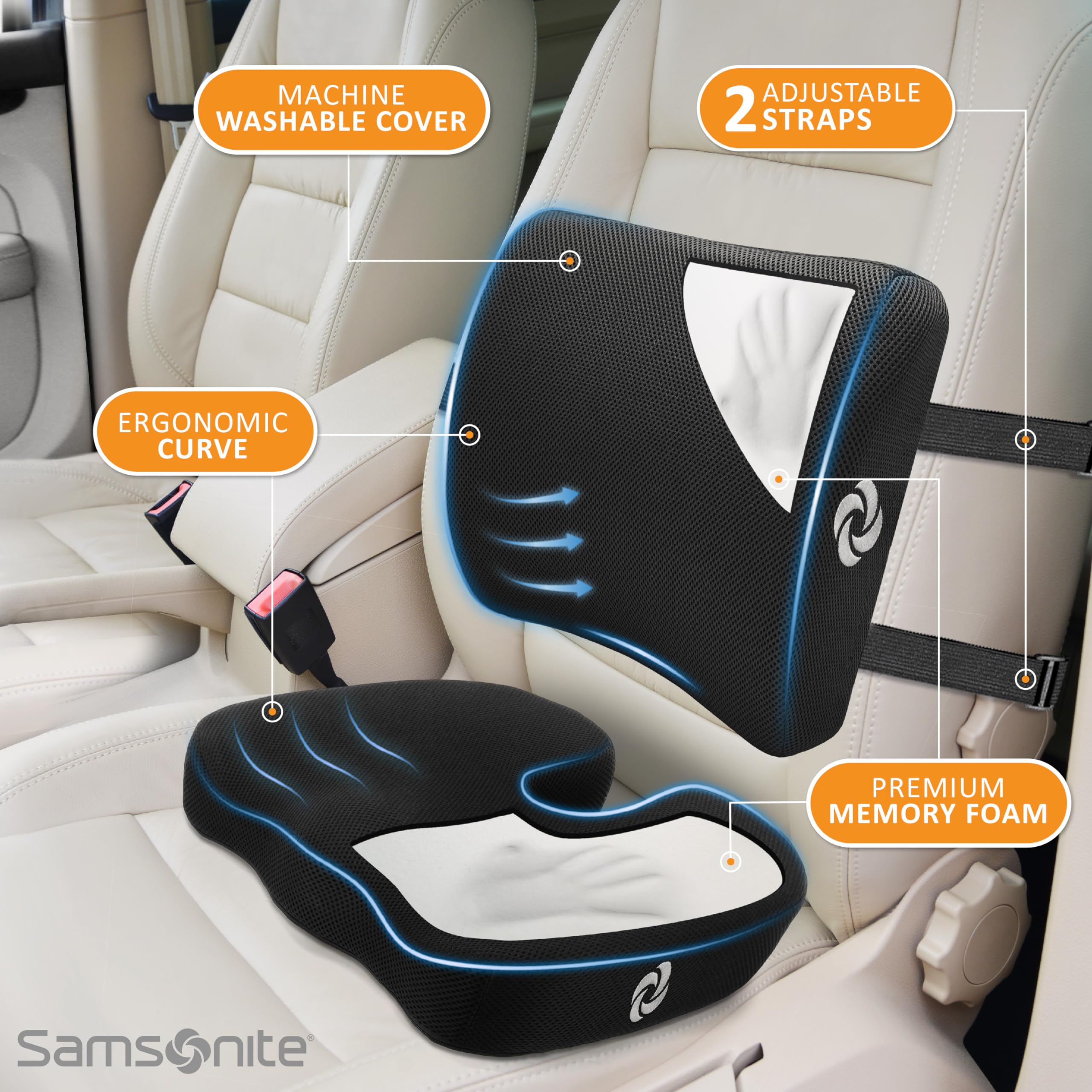 Samsonite Lumbar Support Pillow for Office Chair and Car Seat, Perfectly Balanced Memory Foam, Versatile Use Lower Back Cushion