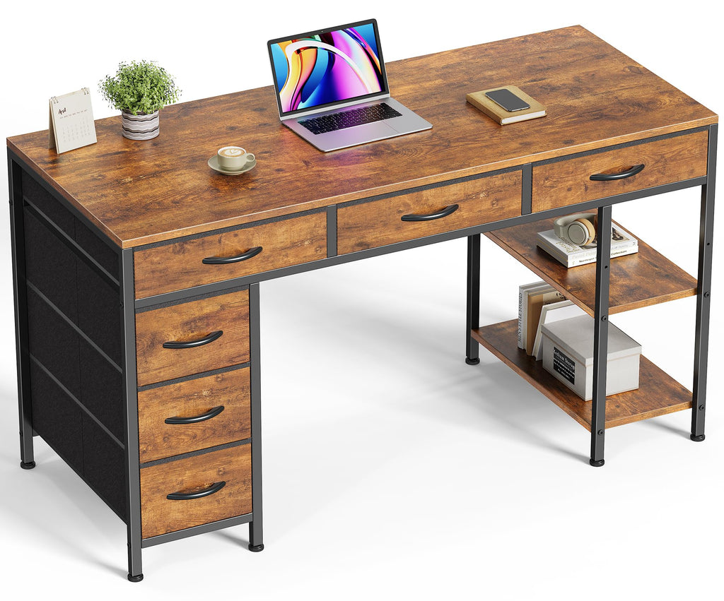 Huuger Computer Desk with 6 Drawers, Office Desk with Shelves, Reversible Gaming Desk, Corner Desk with Storage, Work for Home Office, Study, Living Room