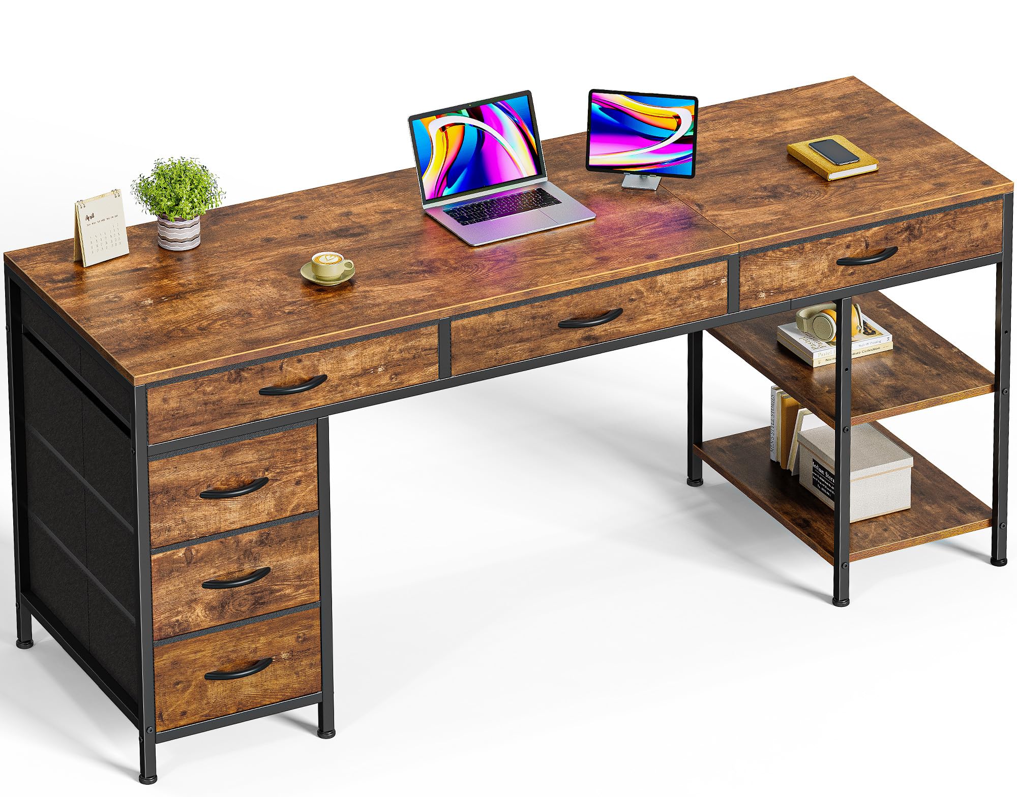 Huuger Computer Desk with 6 Drawers, Office Desk with Shelves, Reversible Gaming Desk, Corner Desk with Storage, Work for Home Office, Study, Living Room