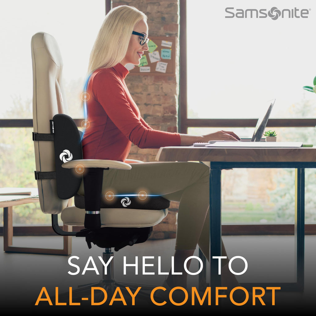 Samsonite Lumbar Support Pillow for Office Chair and Car Seat, Perfectly Balanced Memory Foam, Versatile Use Lower Back Cushion
