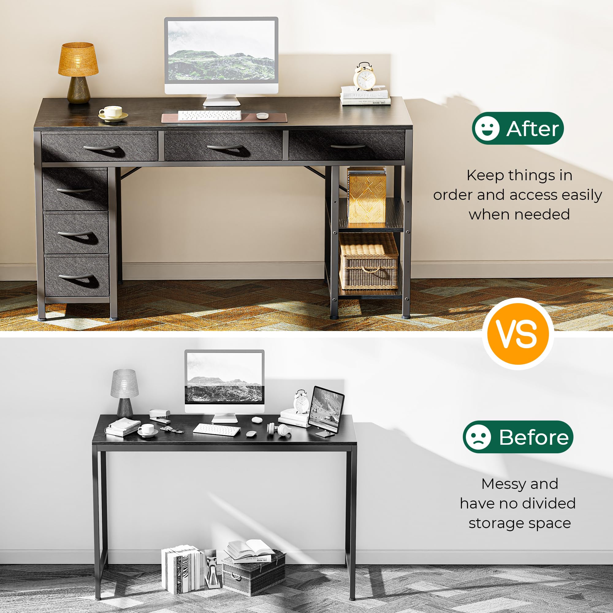 Huuger Computer Desk with 6 Drawers, Office Desk with Shelves, Reversible Gaming Desk, Corner Desk with Storage, Work for Home Office, Study, Living Room