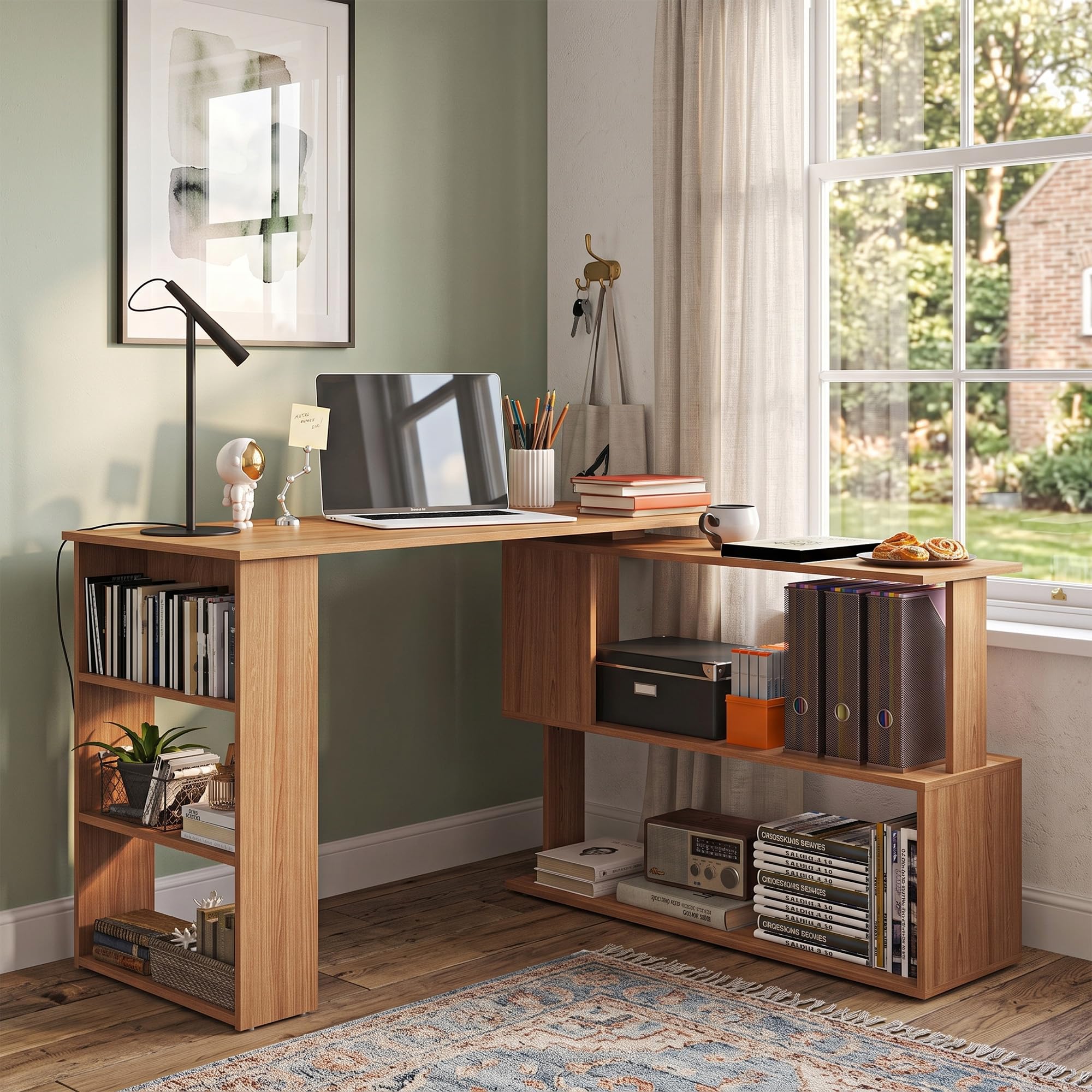 HOMCOM 47 Inch L Shaped Desk, Corner Computer Desk, 360 Degree Rotating Home Office Desk with Storage Shelves, Writing Table Workstation