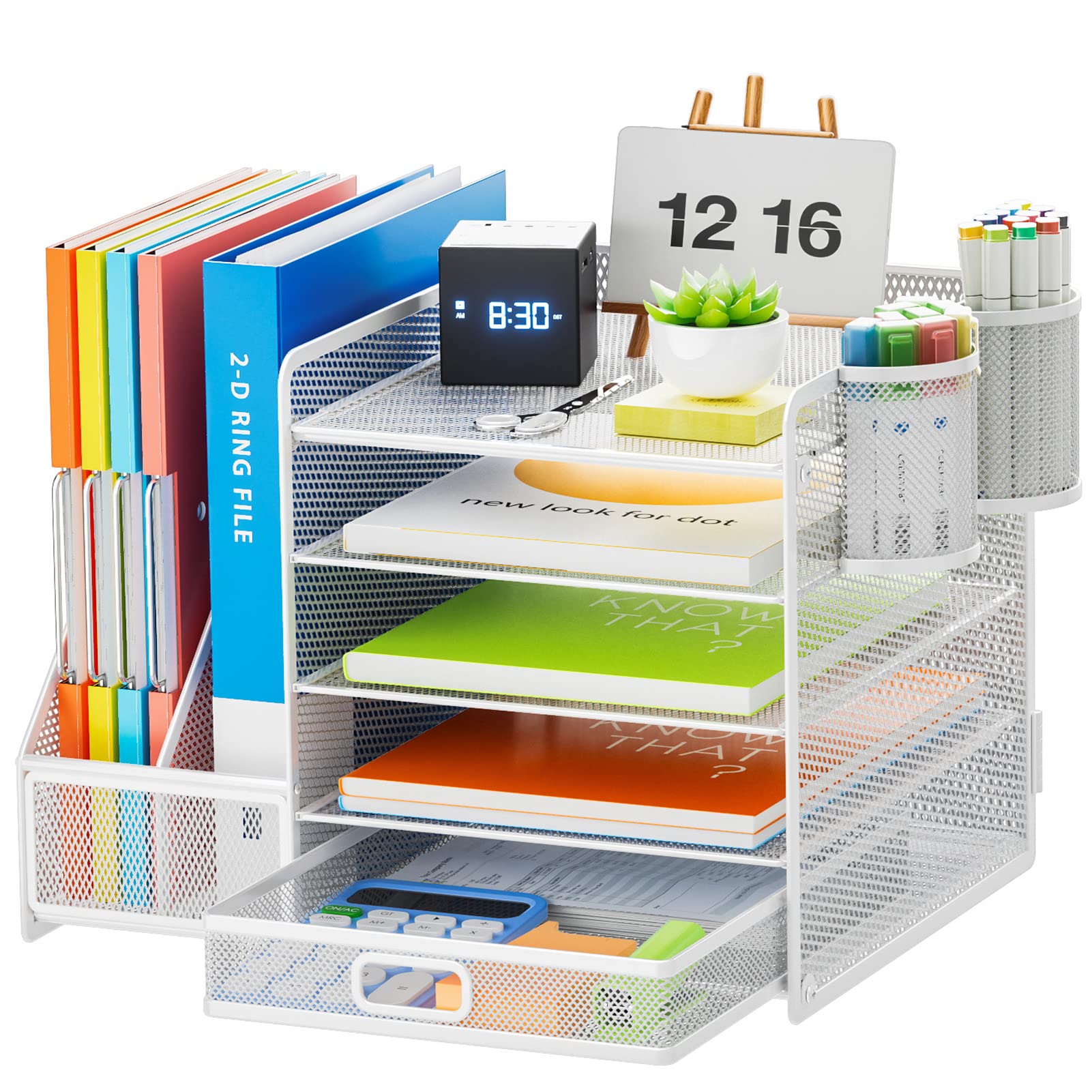 Marbrasse Desk Organizer with File Holder, 5-Tier Paper Letter Tray Organizer with Drawer and 2 Pen Holder, Mesh Desktop Organizer and Storage with Magazine Holder for Office Supplies