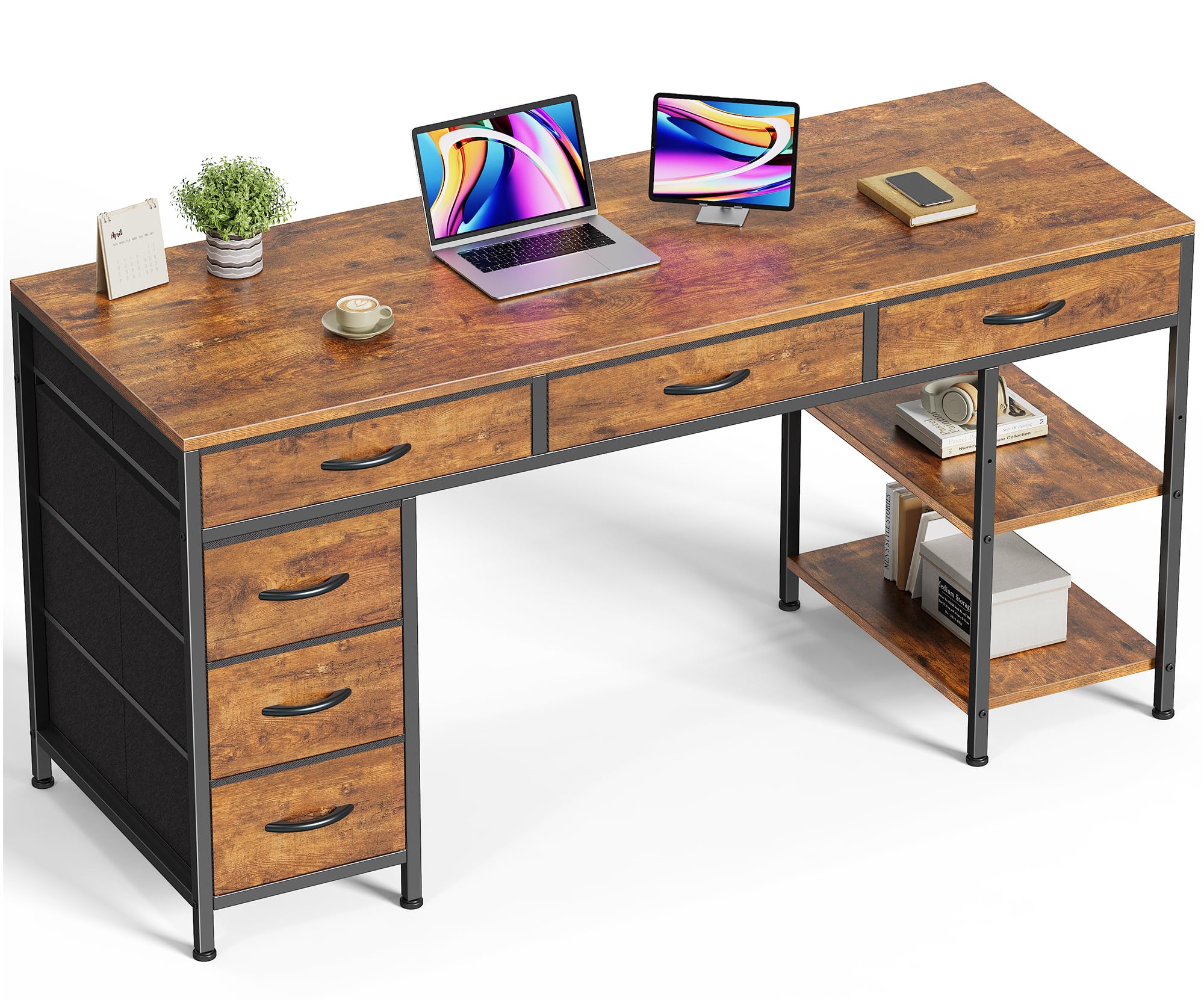 Huuger Computer Desk with 6 Drawers, Office Desk with Shelves, Reversible Gaming Desk, Corner Desk with Storage, Work for Home Office, Study, Living Room
