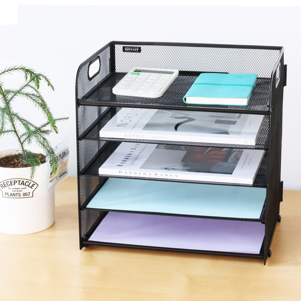 Supeasy 5 Trays Paper Organizer Letter Tray with Handle-Mesh Desk File Organizer,Black Paper Sorter Desk Organizer