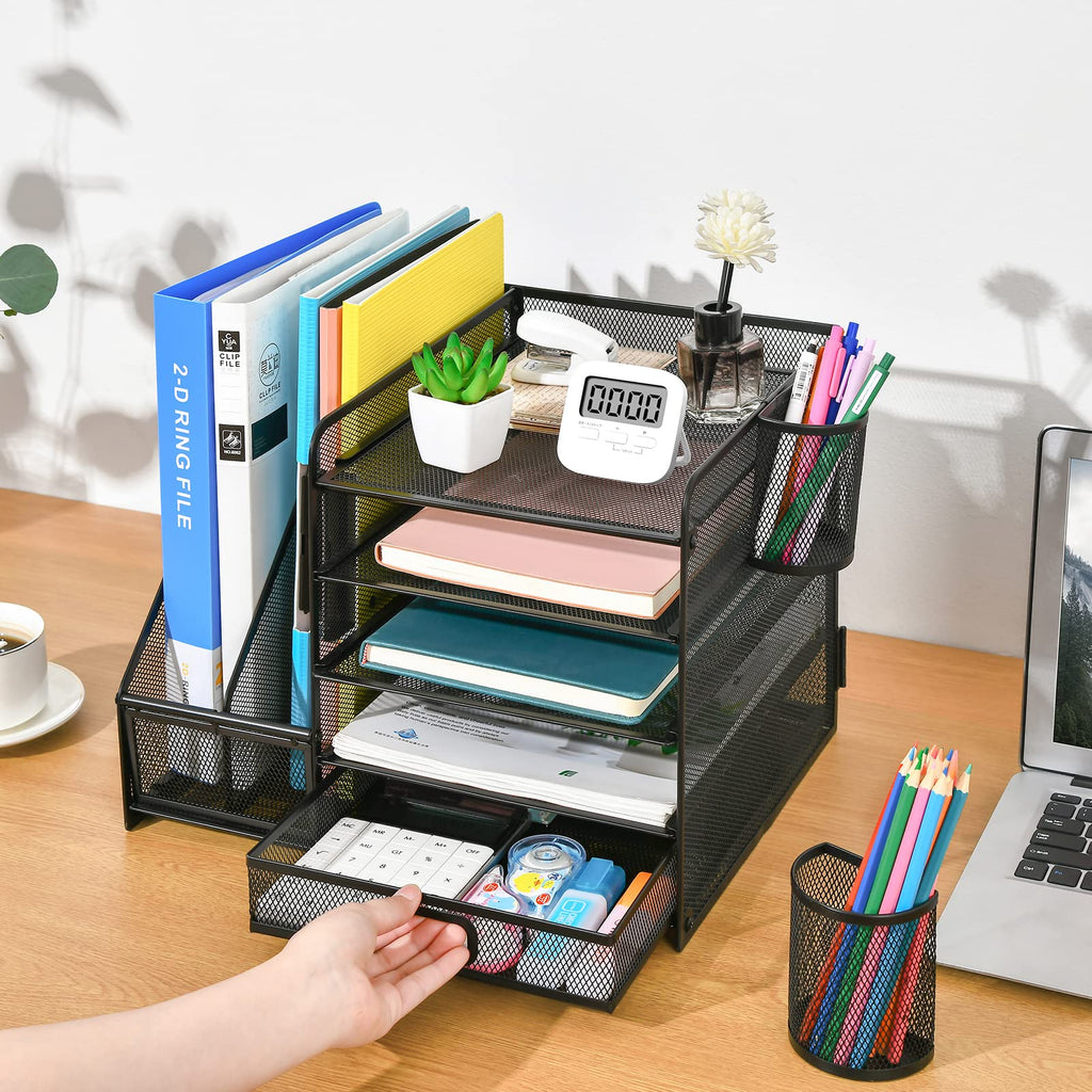 Marbrasse Desk Organizer with File Holder, 5-Tier Paper Letter Tray Organizer with Drawer and 2 Pen Holder, Mesh Desktop Organizer and Storage with Magazine Holder for Office Supplies