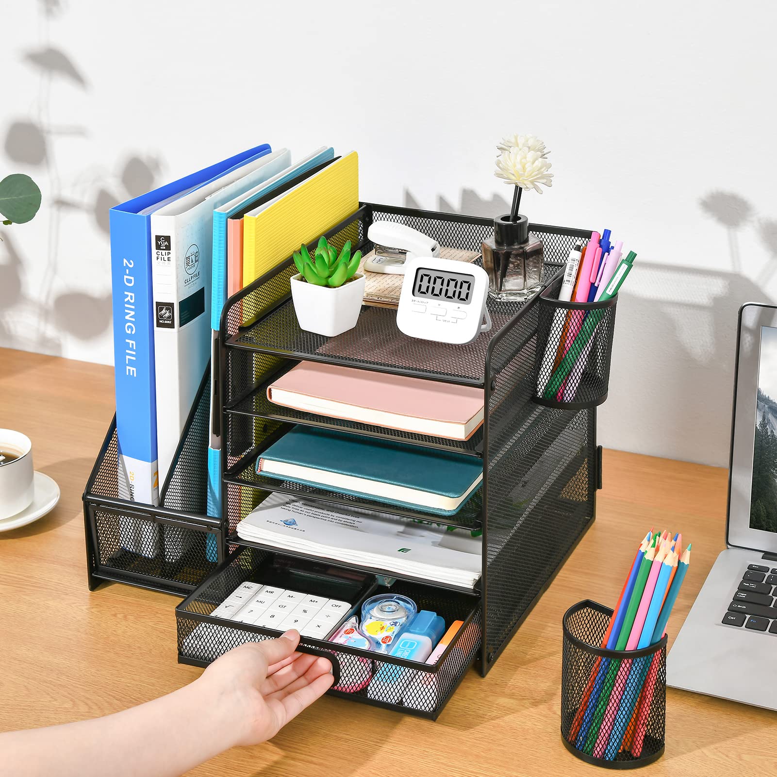 Marbrasse Desk Organizer with File Holder, 5-Tier Paper Letter Tray Organizer with Drawer and 2 Pen Holder, Mesh Desktop Organizer and Storage with Magazine Holder for Office Supplies