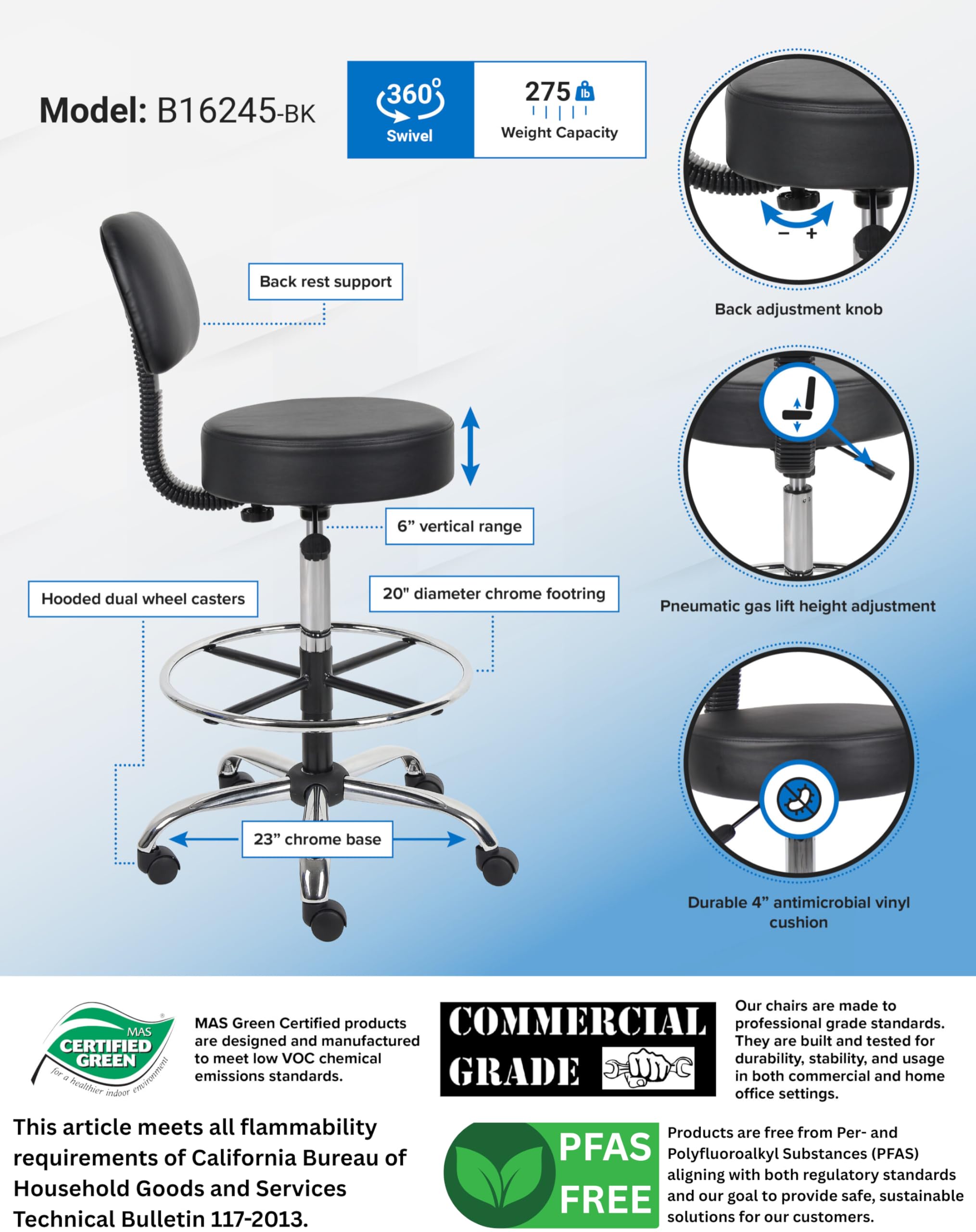 Boss Office Products Be Well Medical Spa Drafting Stool with Back, Black