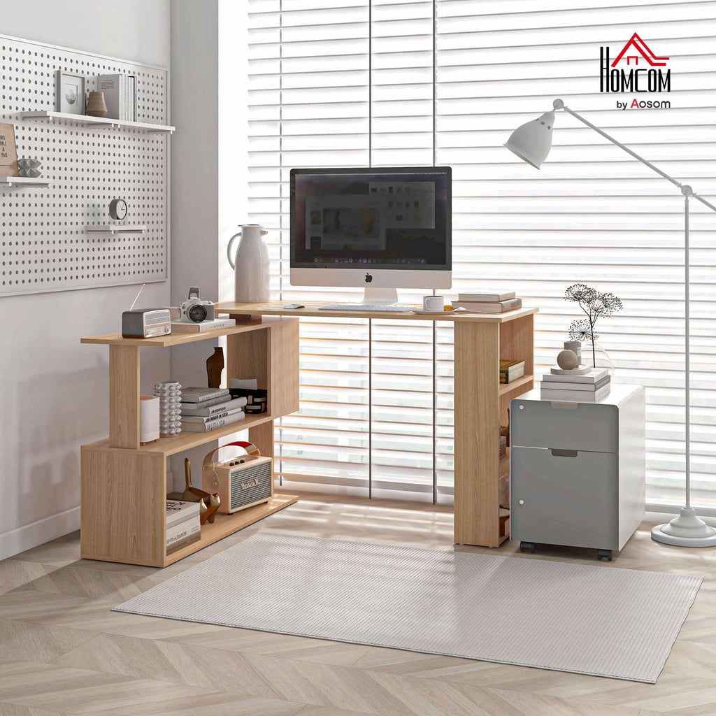 HOMCOM 47 Inch L Shaped Desk, Corner Computer Desk, 360 Degree Rotating Home Office Desk with Storage Shelves, Writing Table Workstation