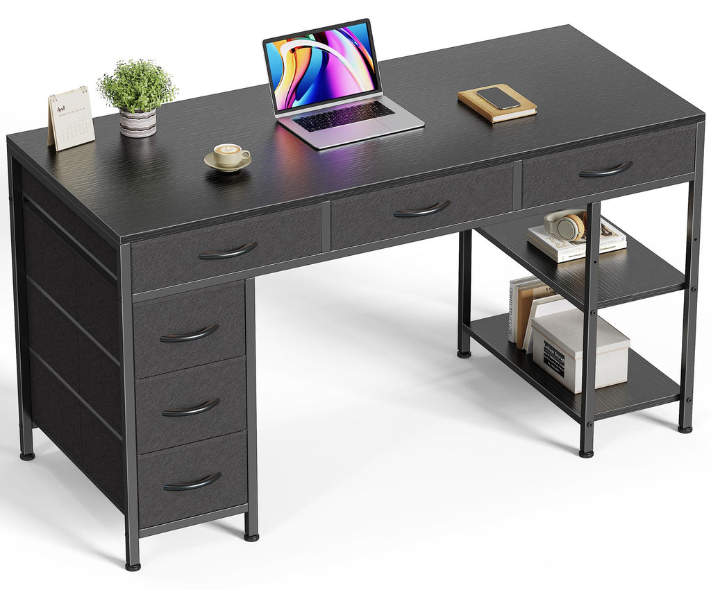 Huuger Computer Desk with 6 Drawers, Office Desk with Shelves, Reversible Gaming Desk, Corner Desk with Storage, Work for Home Office, Study, Living Room