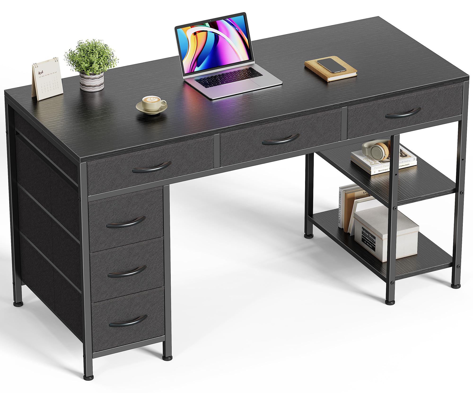 Huuger Computer Desk with 6 Drawers, Office Desk with Shelves, Reversible Gaming Desk, Corner Desk with Storage, Work for Home Office, Study, Living Room