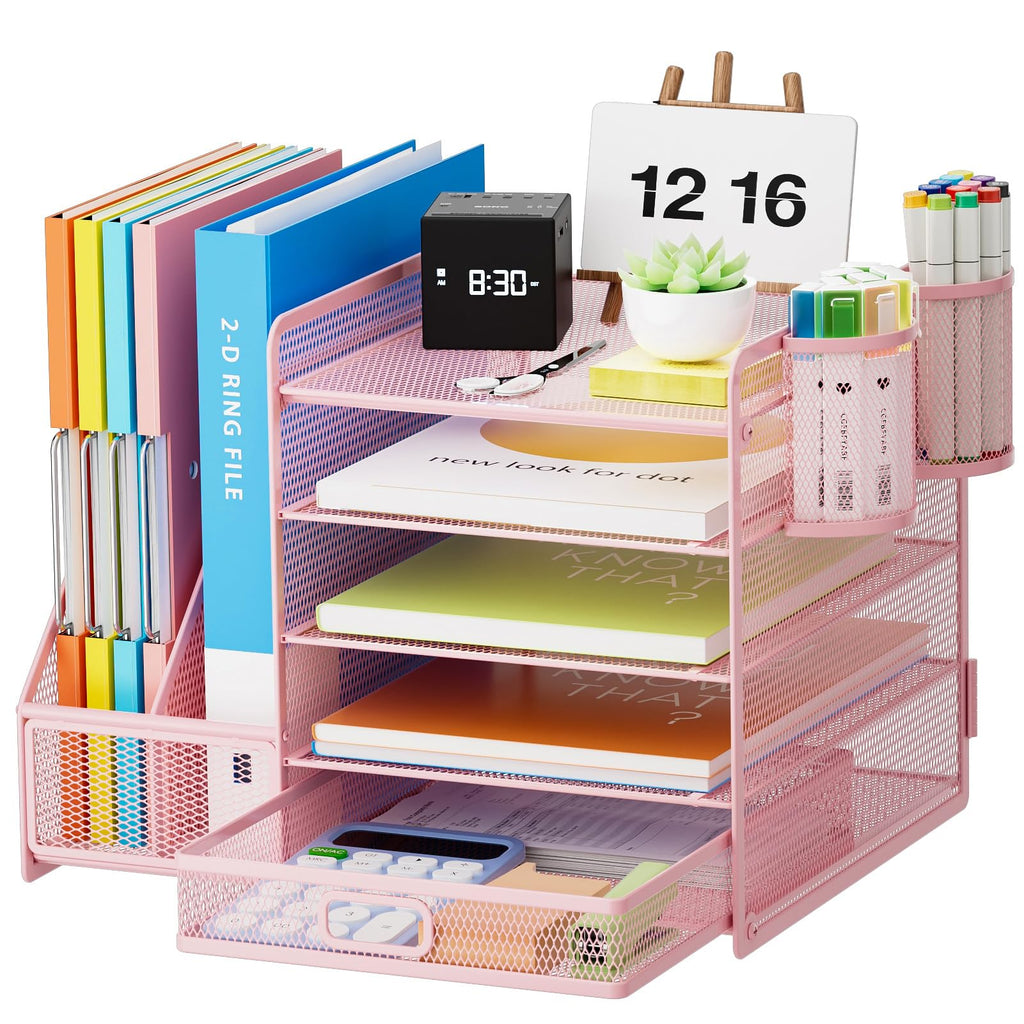 Marbrasse Desk Organizer with File Holder, 5-Tier Paper Letter Tray Organizer with Drawer and 2 Pen Holder, Mesh Desktop Organizer and Storage with Magazine Holder for Office Supplies