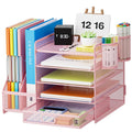 Marbrasse Desk Organizer with File Holder, 5-Tier Paper Letter Tray Organizer with Drawer and 2 Pen Holder, Mesh Desktop Organizer and Storage with Magazine Holder for Office Supplies