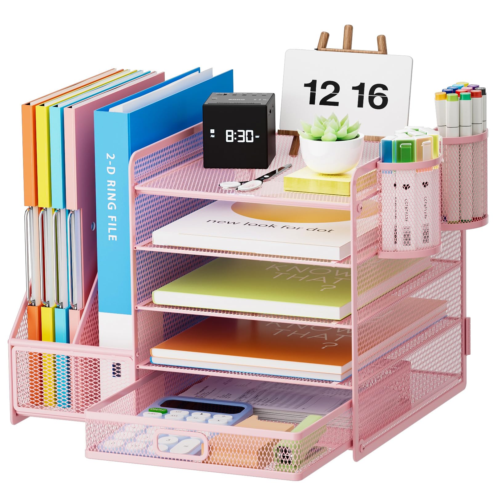 Marbrasse Desk Organizer with File Holder, 5-Tier Paper Letter Tray Organizer with Drawer and 2 Pen Holder, Mesh Desktop Organizer and Storage with Magazine Holder for Office Supplies