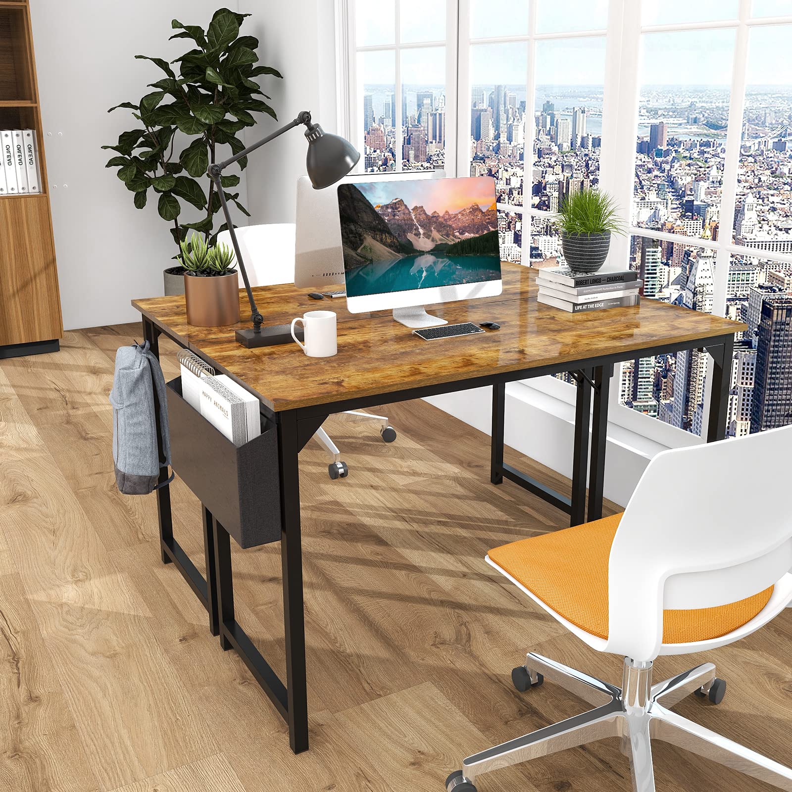 Sweetcrispy 63 Inch Writing Desks Large Desk Study Table Modern Simple Style Work Table with Storage Bag and Iron Hook Wooden Desk for Home