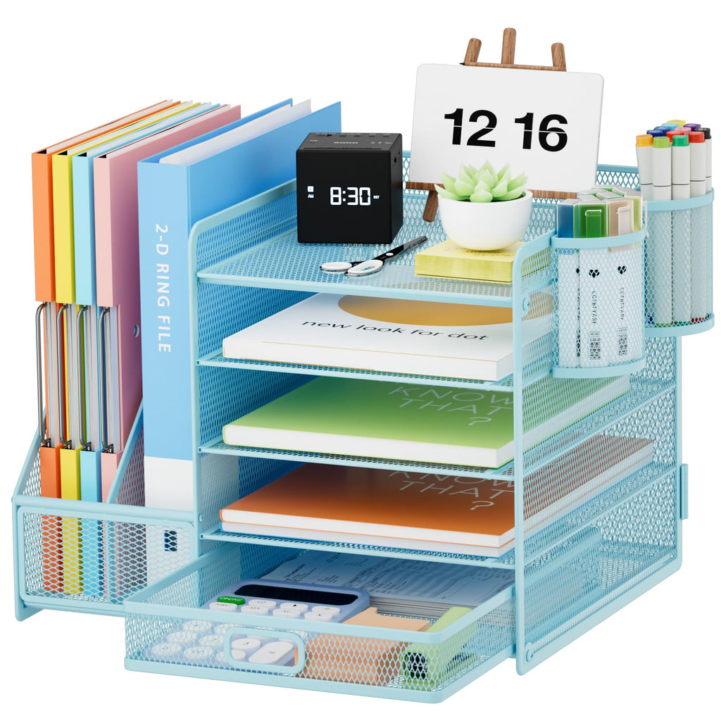 Marbrasse Desk Organizer with File Holder, 5-Tier Paper Letter Tray Organizer with Drawer and 2 Pen Holder, Mesh Desktop Organizer and Storage with Magazine Holder for Office Supplies