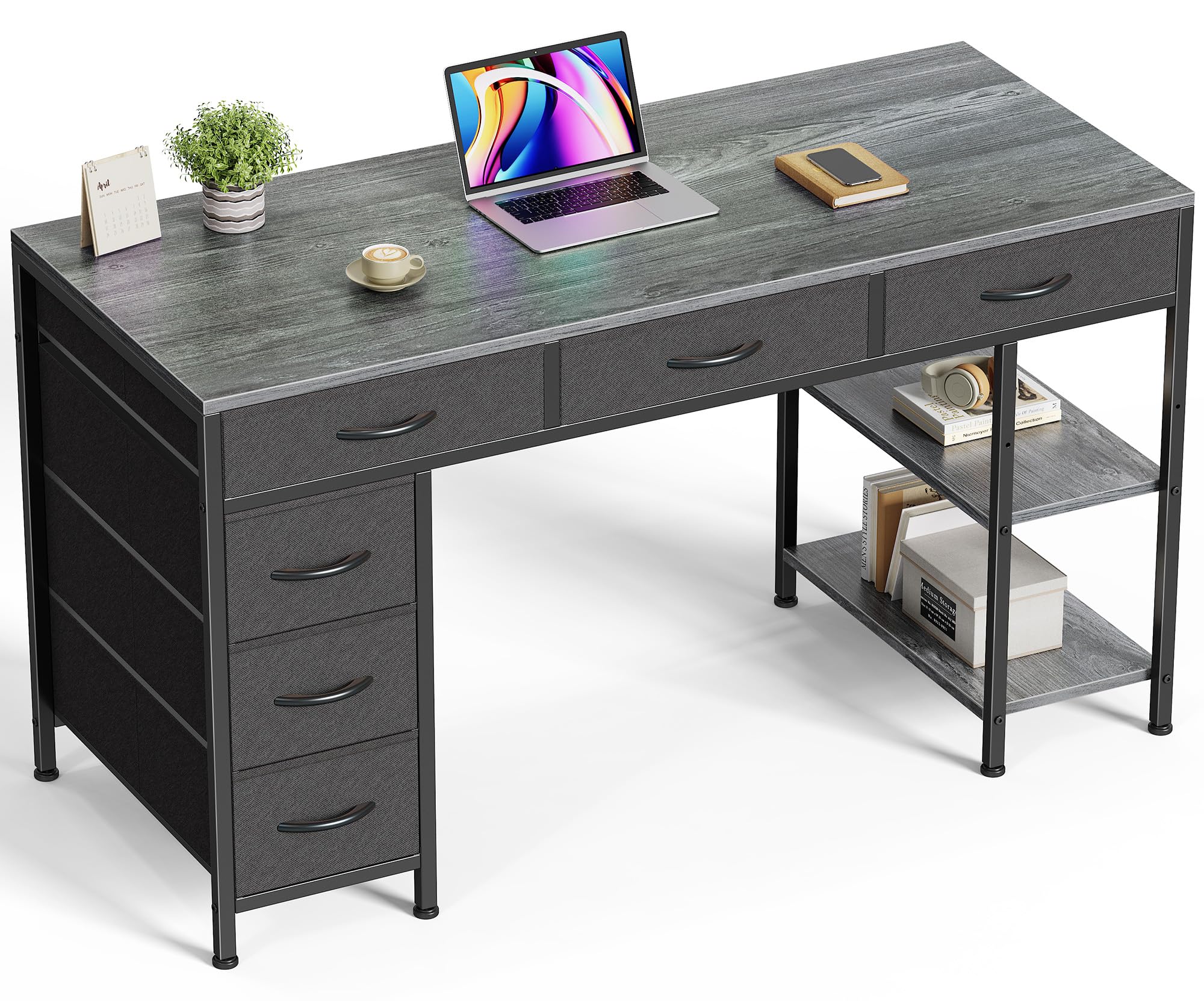 Huuger Computer Desk with 6 Drawers, Office Desk with Shelves, Reversible Gaming Desk, Corner Desk with Storage, Work for Home Office, Study, Living Room