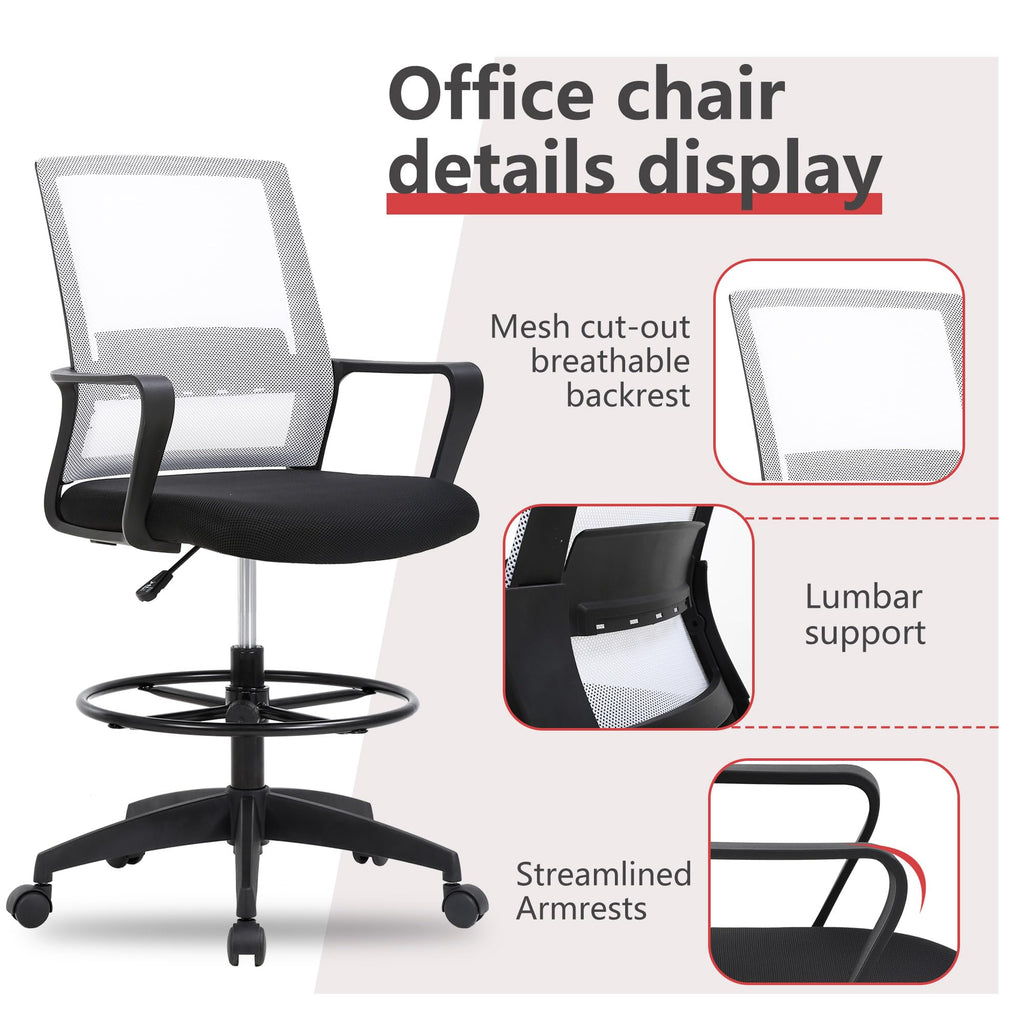 BestOffice Drafting Chair Tall Office Chair Adjustable Swivel Rolling Mesh Height with Lumbar Support Arms Footrest Mid Back for Adults Standing Desk Drafting Stool