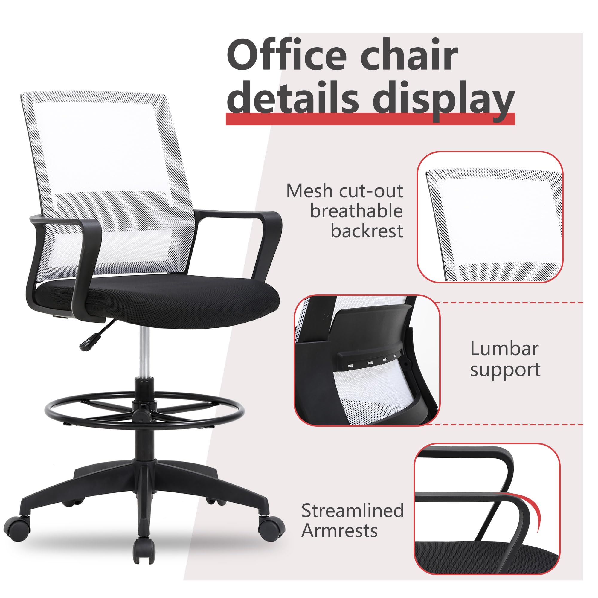 BestOffice Drafting Chair Tall Office Chair Adjustable Swivel Rolling Mesh Height with Lumbar Support Arms Footrest Mid Back for Adults Standing Desk Drafting Stool