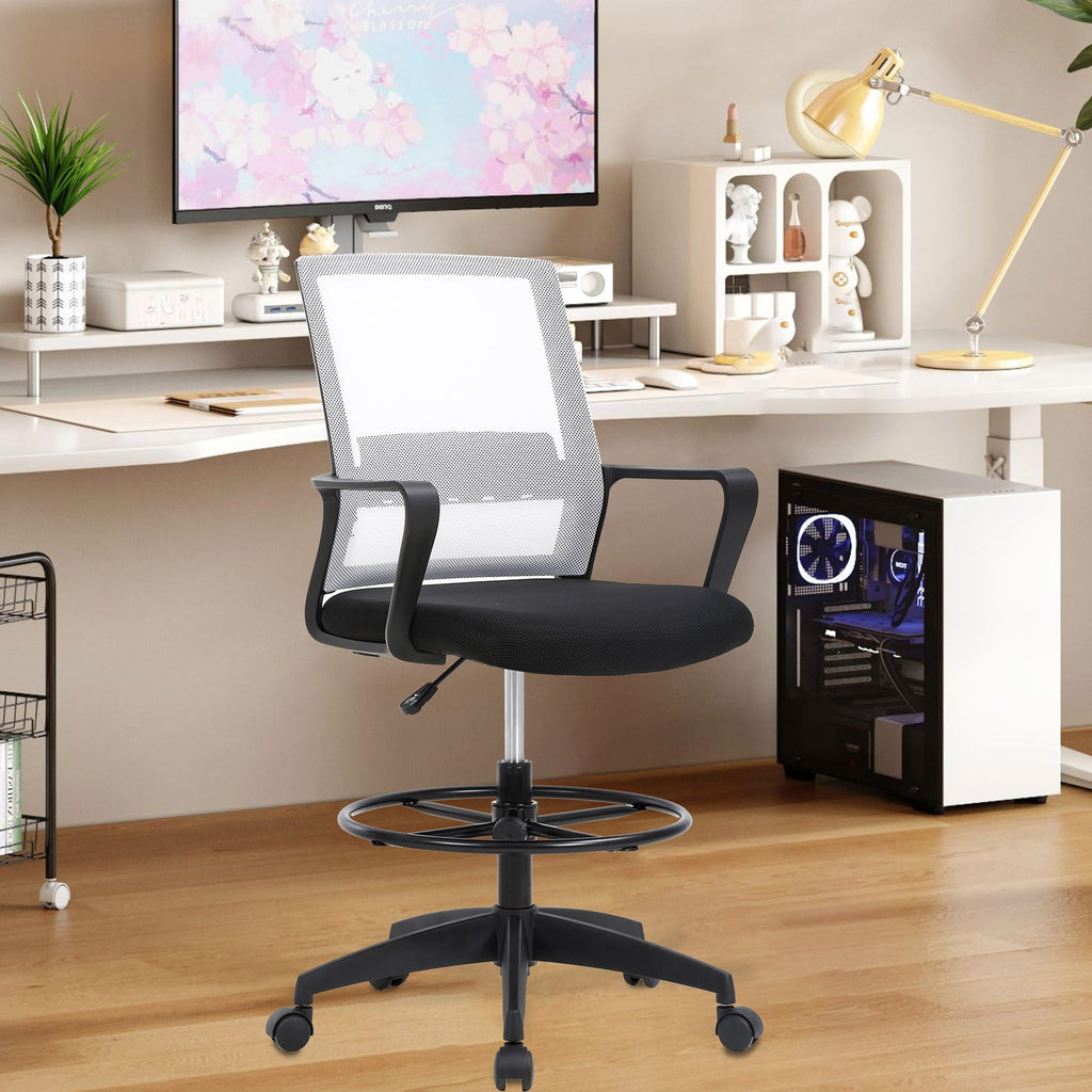BestOffice Drafting Chair Tall Office Chair Adjustable Swivel Rolling Mesh Height with Lumbar Support Arms Footrest Mid Back for Adults Standing Desk Drafting Stool
